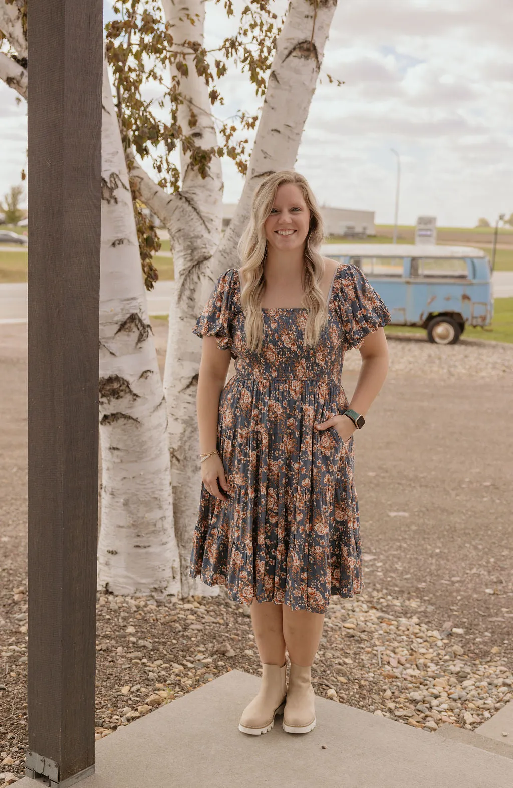 HARLOW DENIM BLUE FLORAL PUFF SLEEVE MAXI DRESS