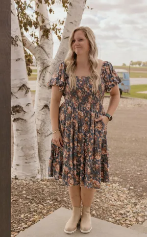 HARLOW DENIM BLUE FLORAL PUFF SLEEVE MAXI DRESS