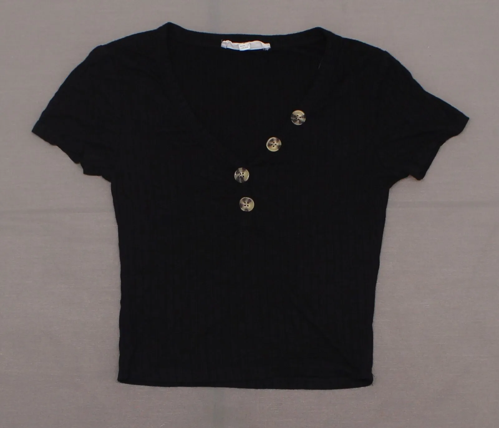 Hippie Rose Women's Juniors V Neck Button Ribbed Top Shirt Black Medium