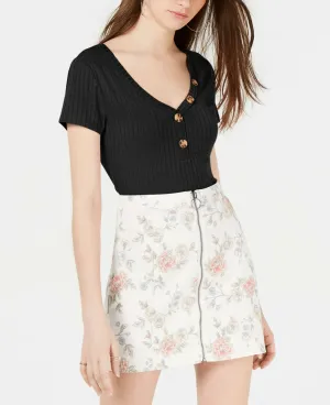 Hippie Rose Women's Juniors V Neck Button Ribbed Top Shirt Black Medium