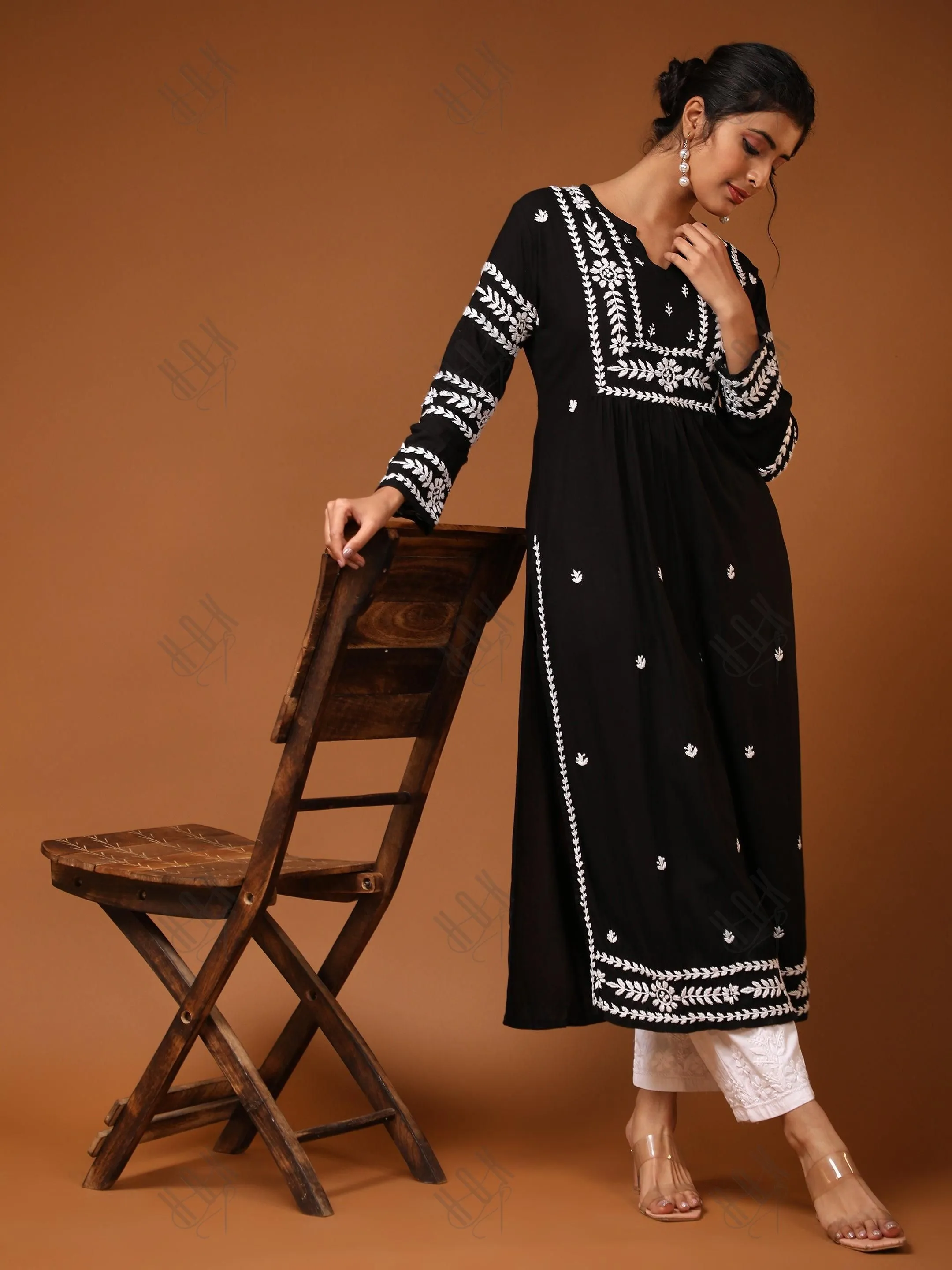 HOK chikankari Long Kurta in Rayon Cotton for Women - Black