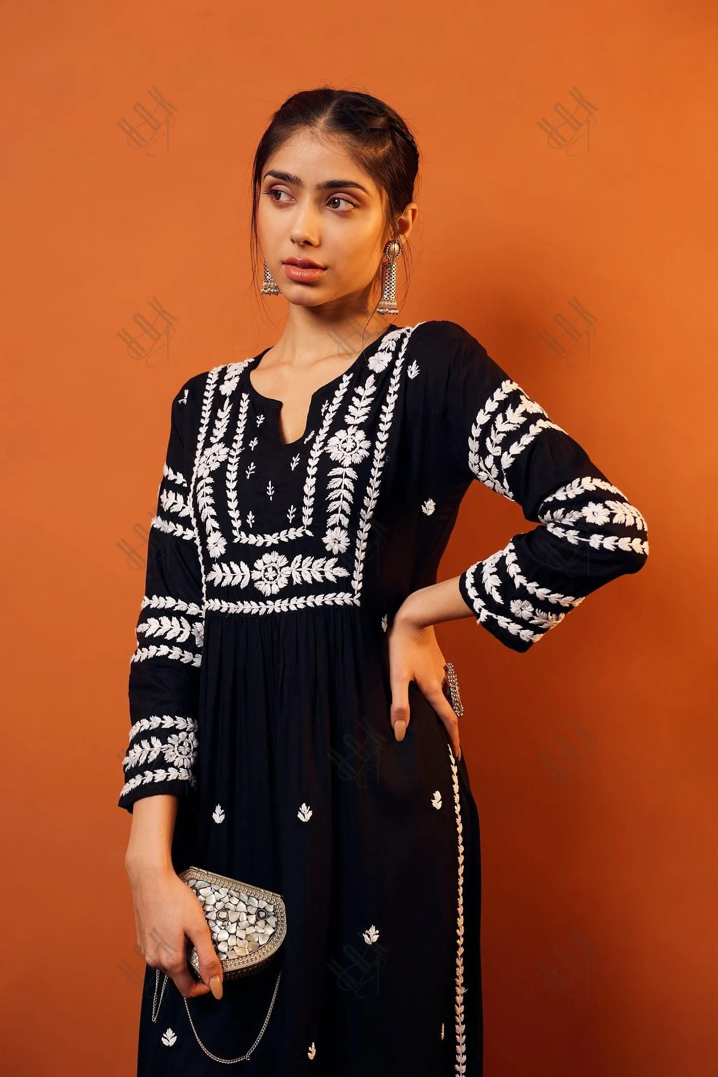 HOK chikankari Long Kurta in Rayon Cotton for Women - Black