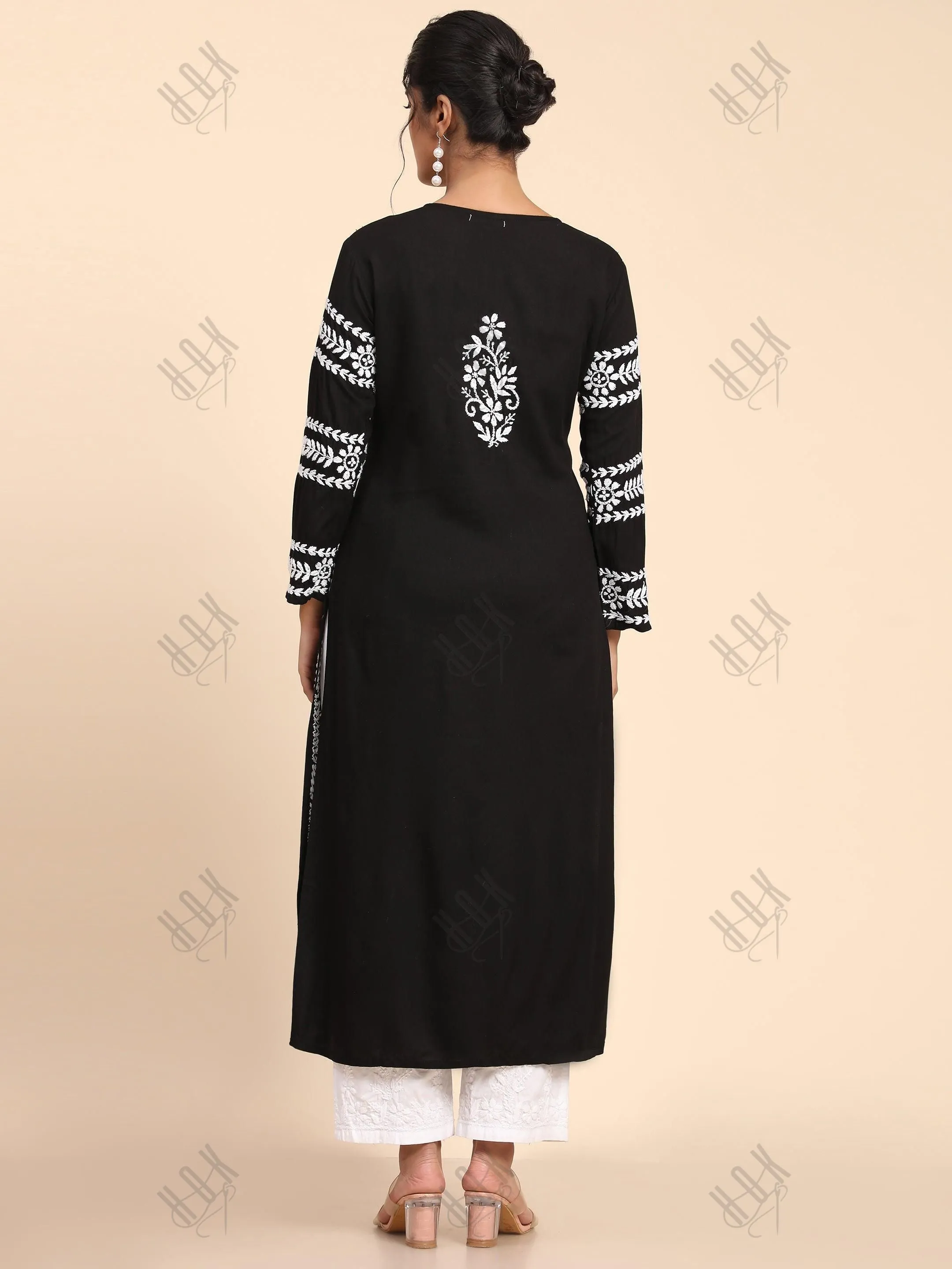 HOK chikankari Long Kurta in Rayon Cotton for Women - Black