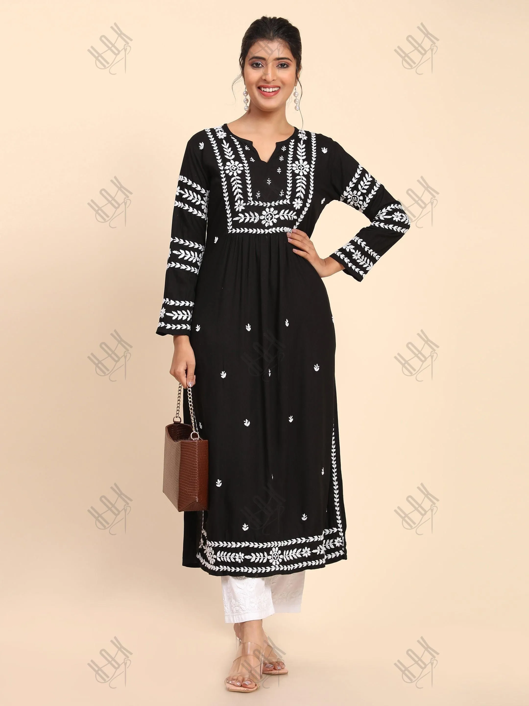 HOK chikankari Long Kurta in Rayon Cotton for Women - Black