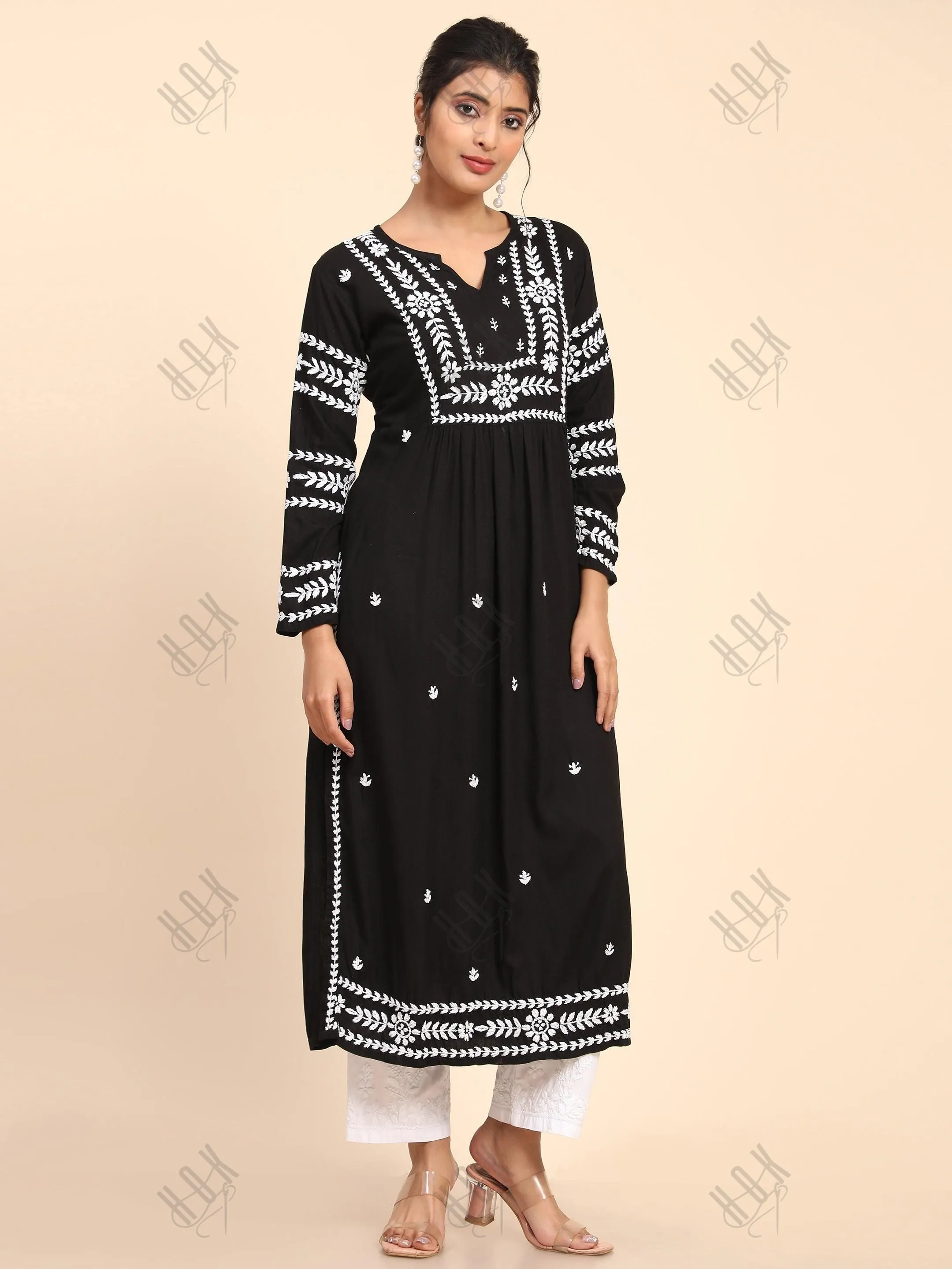 HOK chikankari Long Kurta in Rayon Cotton for Women - Black