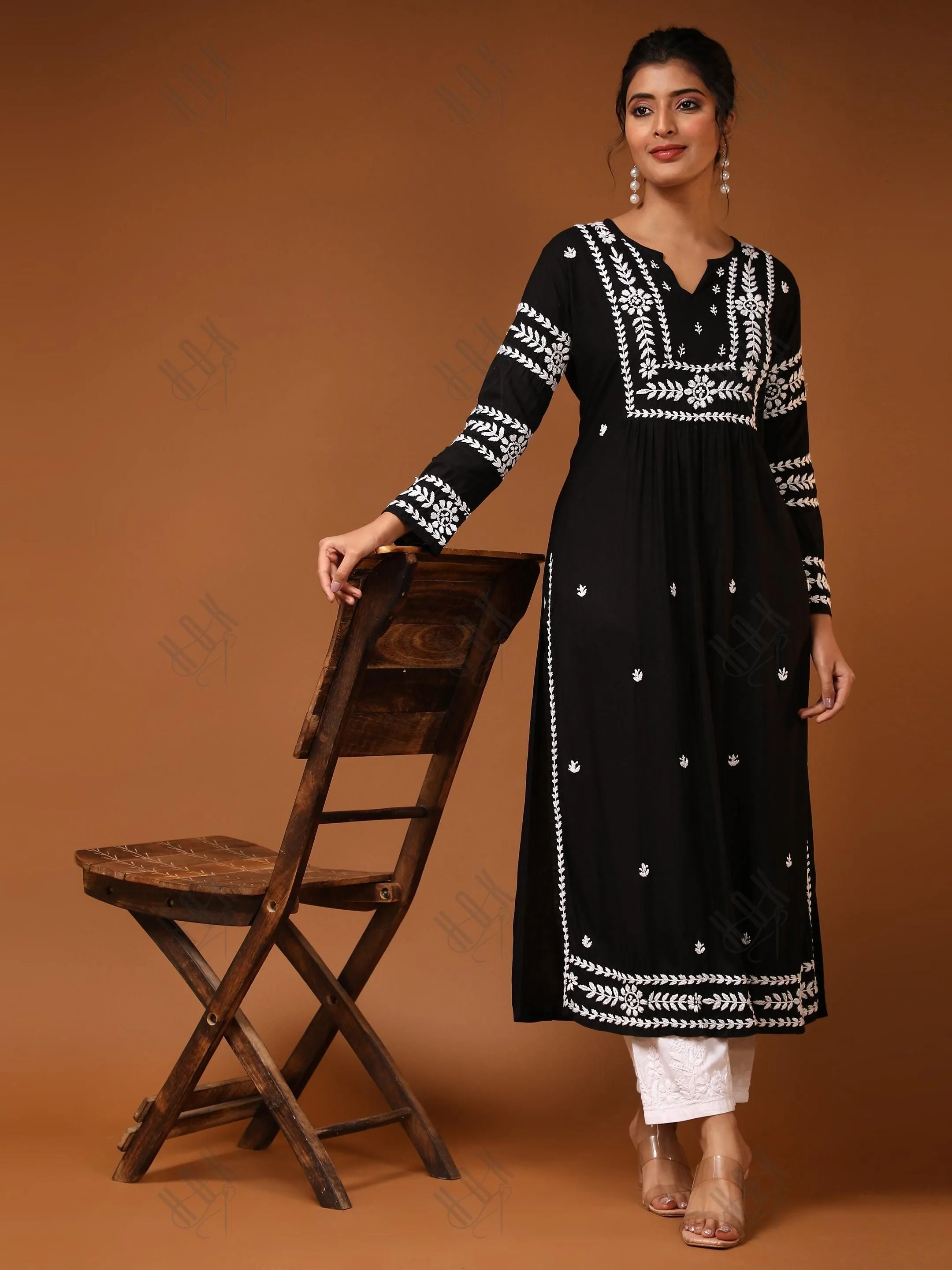 HOK chikankari Long Kurta in Rayon Cotton for Women - Black