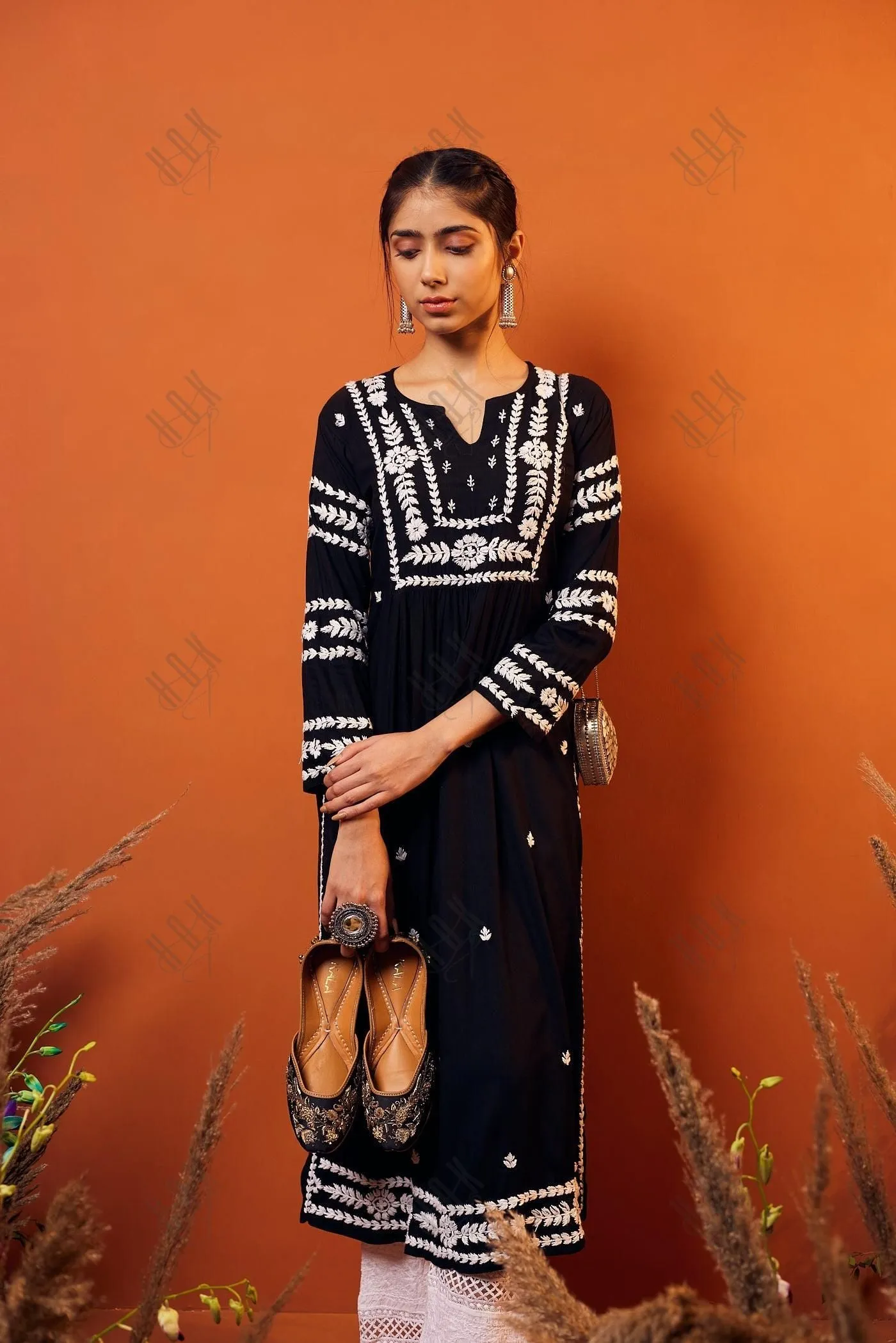 HOK chikankari Long Kurta in Rayon Cotton for Women - Black