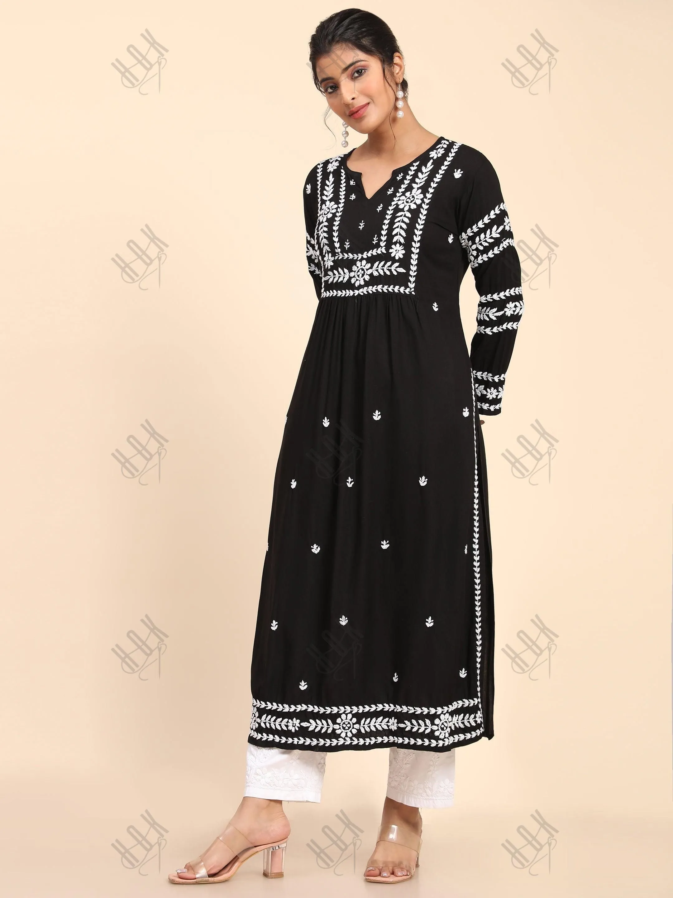 HOK chikankari Long Kurta in Rayon Cotton for Women - Black
