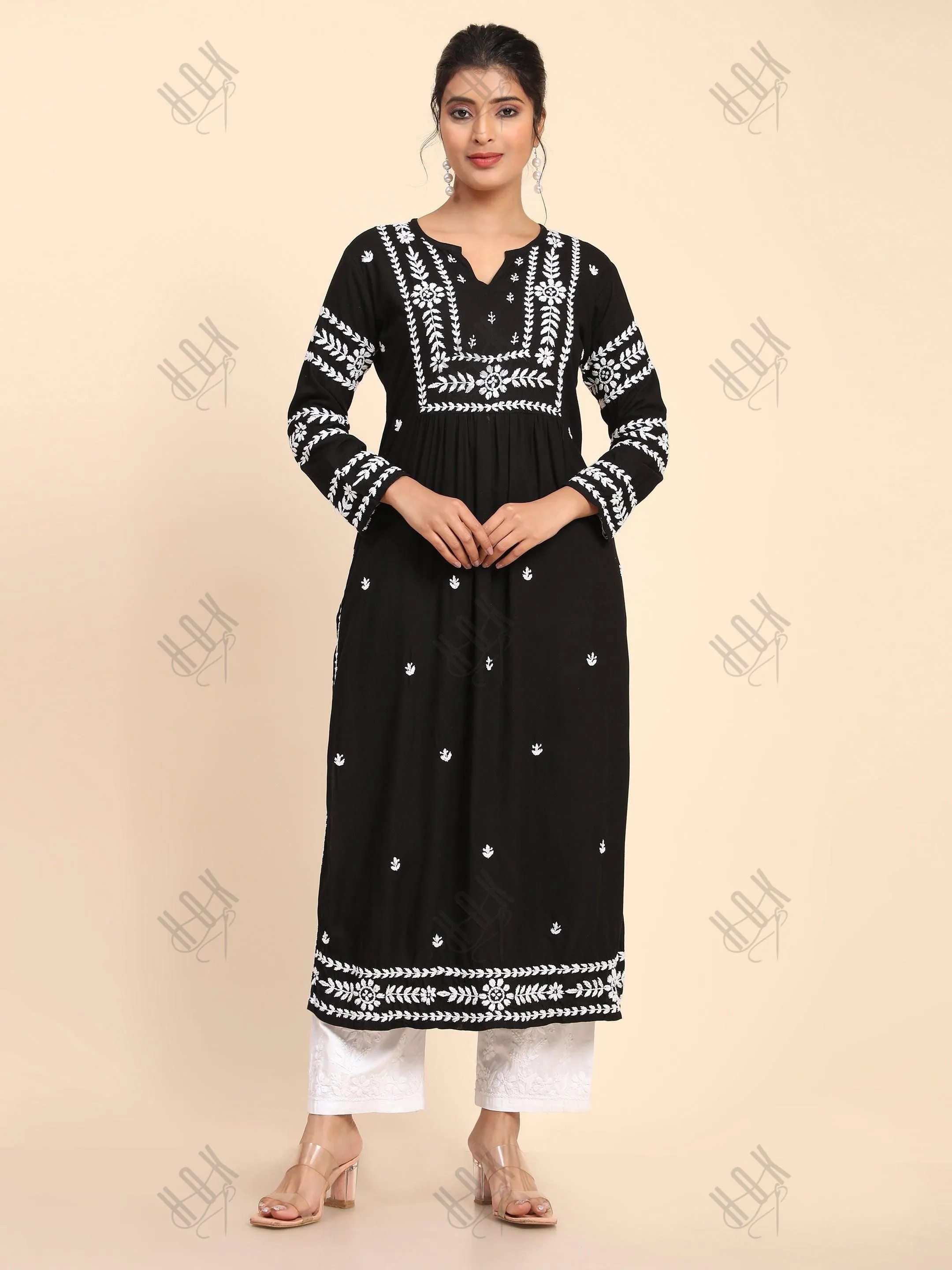 HOK chikankari Long Kurta in Rayon Cotton for Women - Black