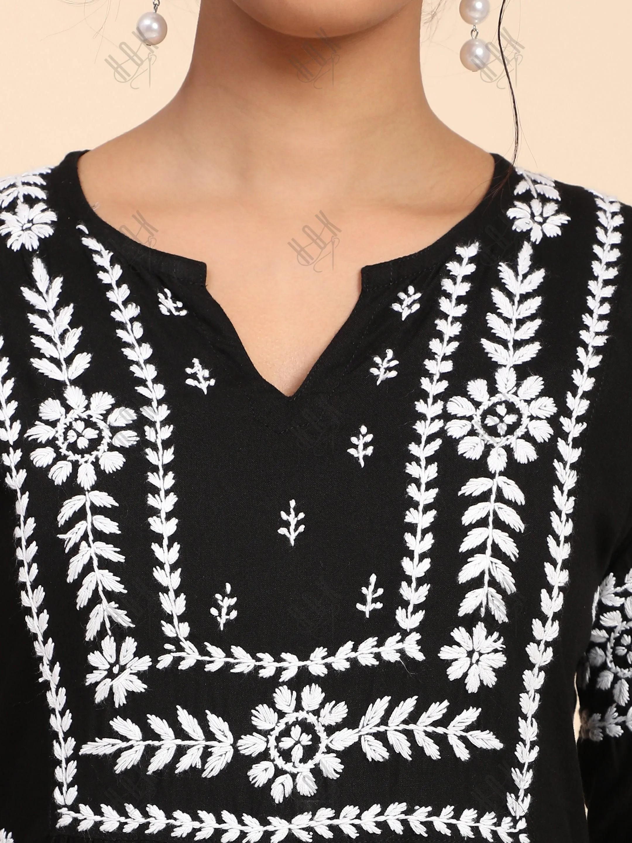 HOK chikankari Long Kurta in Rayon Cotton for Women - Black