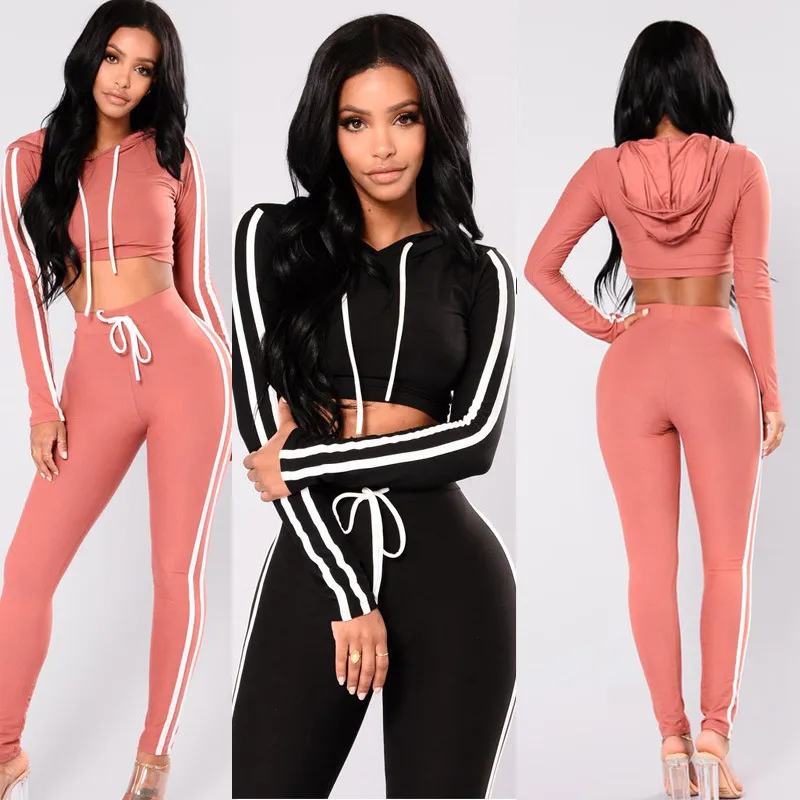 Hooded Crop Top & Pants Set - Color Block, Long Sleeves, High Waist