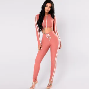 Hooded Crop Top & Pants Set - Color Block, Long Sleeves, High Waist
