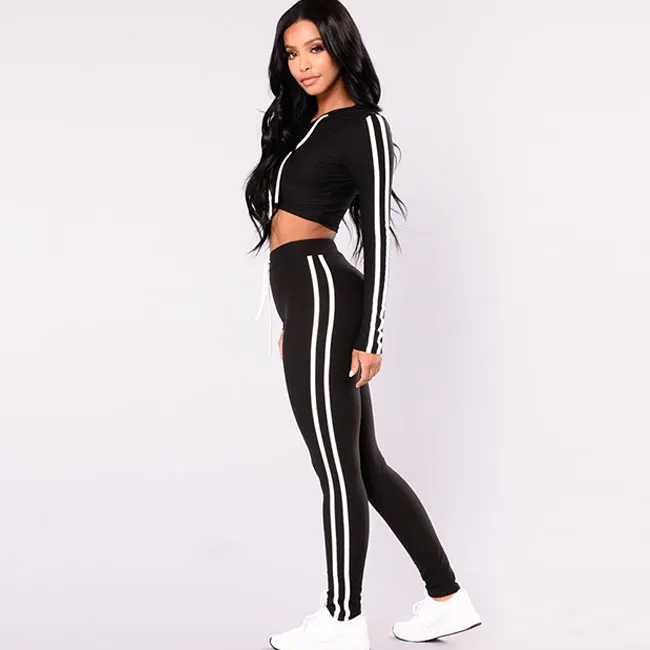 Hooded Crop Top & Pants Set - Color Block, Long Sleeves, High Waist