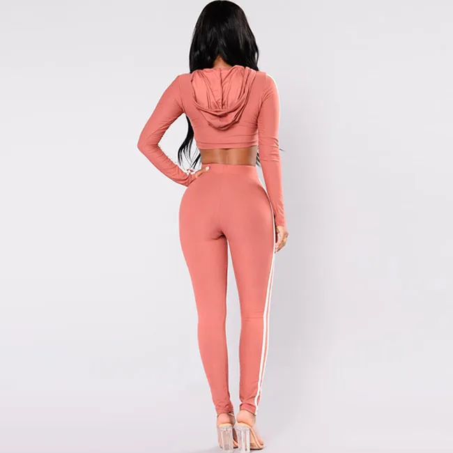 Hooded Crop Top & Pants Set - Color Block, Long Sleeves, High Waist