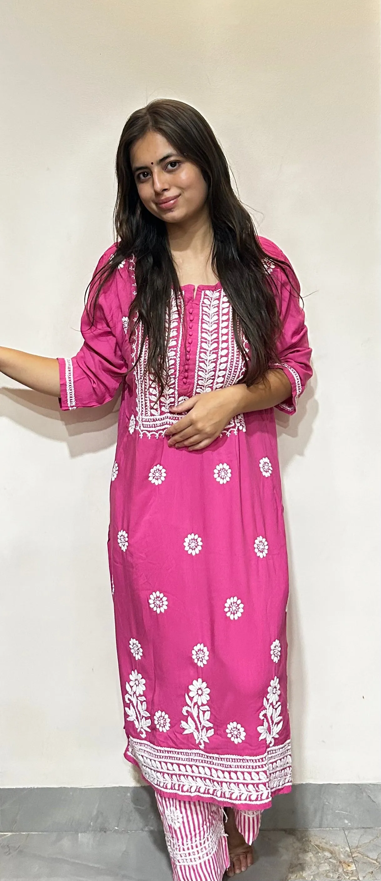 Hot Pink Chikankari Kurti In Rayon With Cotton Stripes Pant