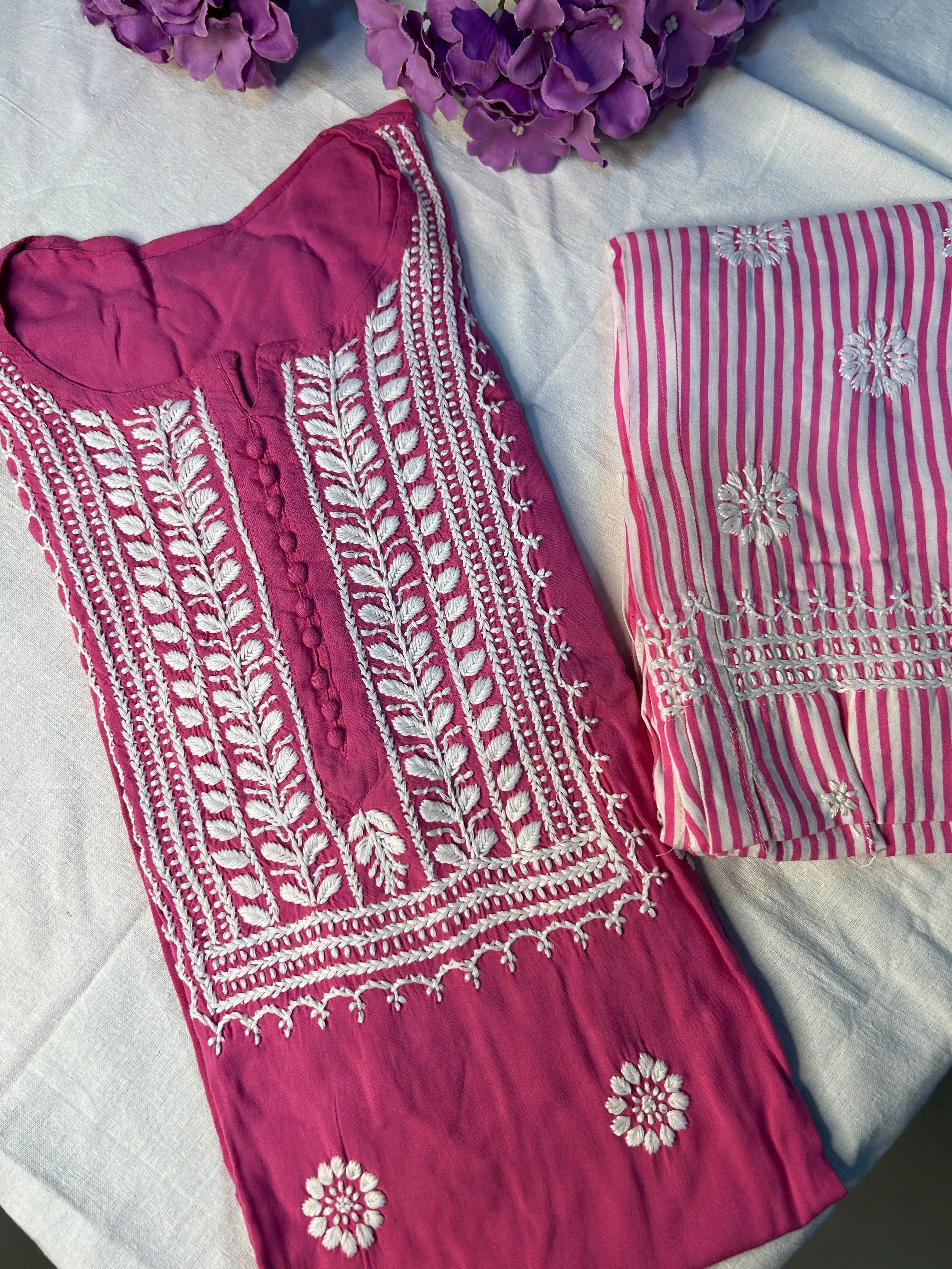 Hot Pink Chikankari Kurti In Rayon With Cotton Stripes Pant