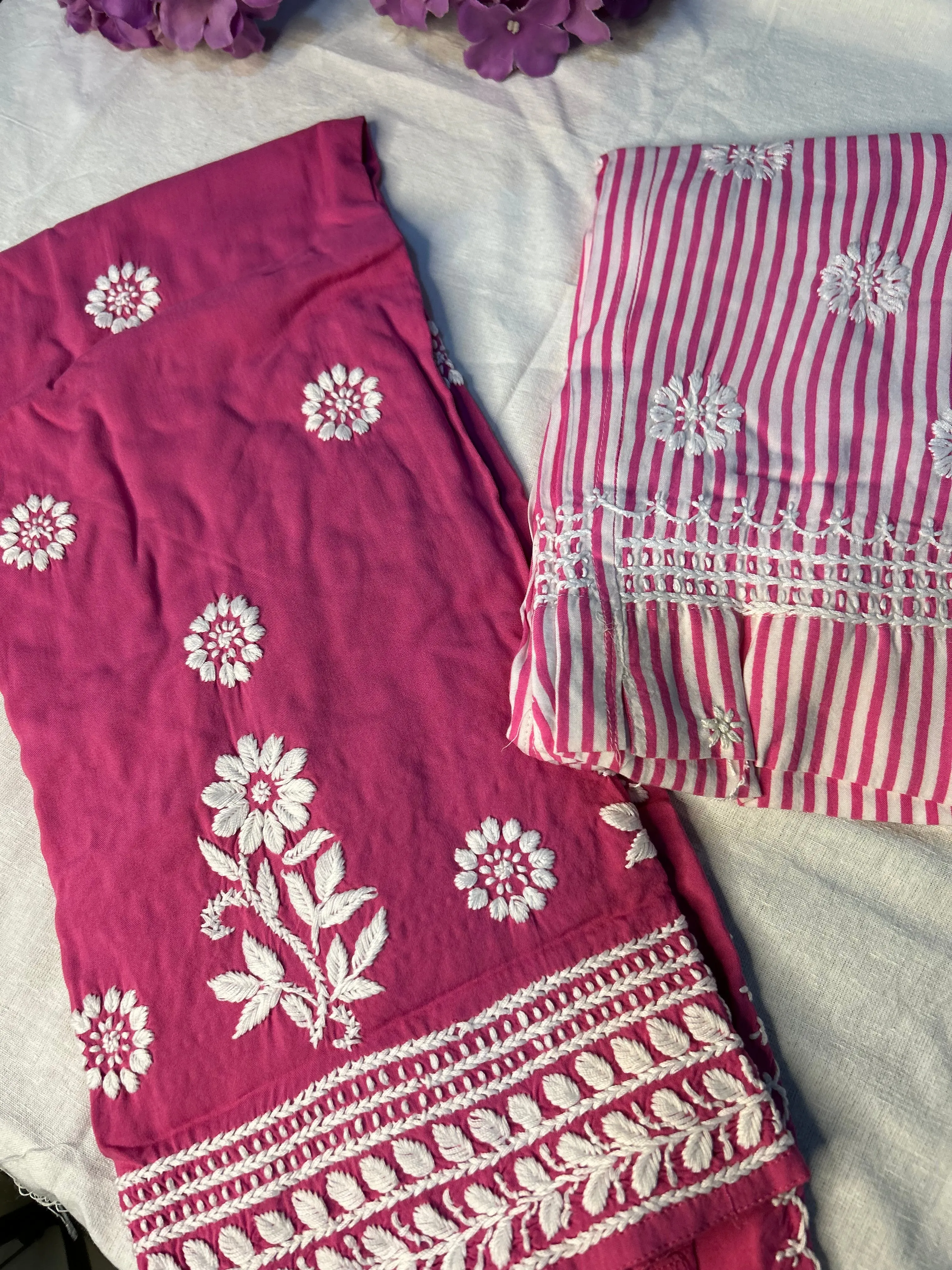 Hot Pink Chikankari Kurti In Rayon With Cotton Stripes Pant