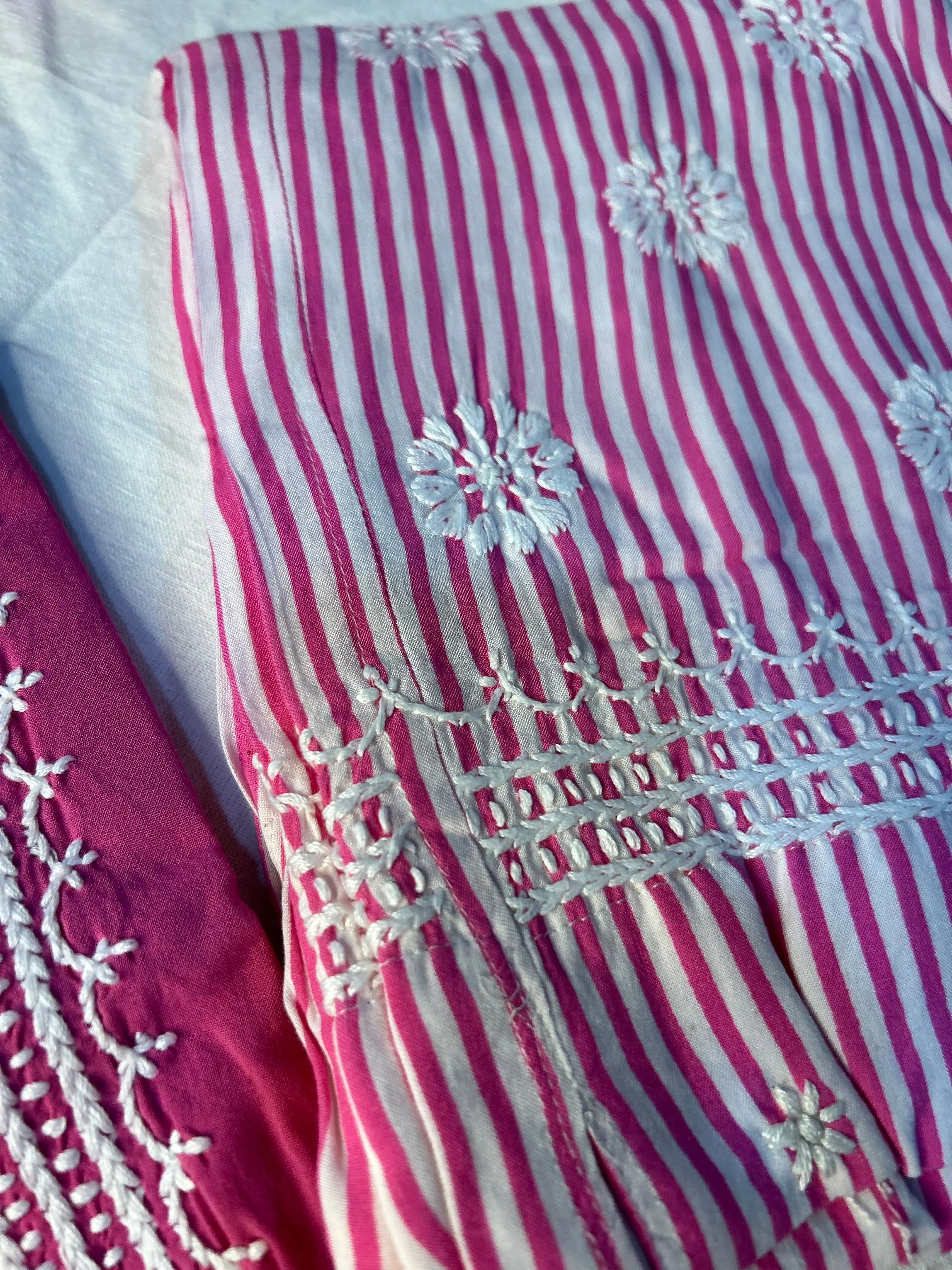 Hot Pink Chikankari Kurti In Rayon With Cotton Stripes Pant