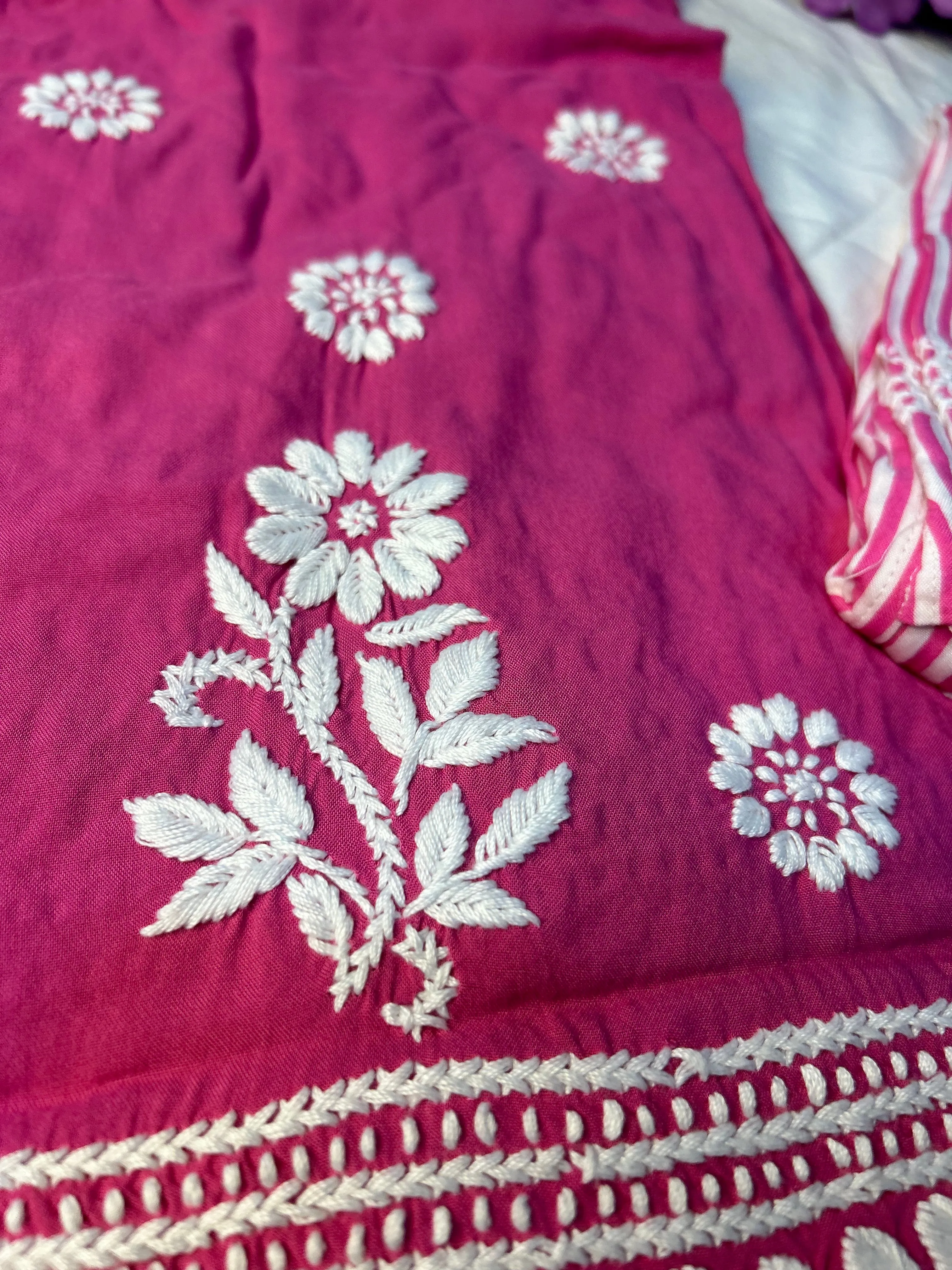 Hot Pink Chikankari Kurti In Rayon With Cotton Stripes Pant