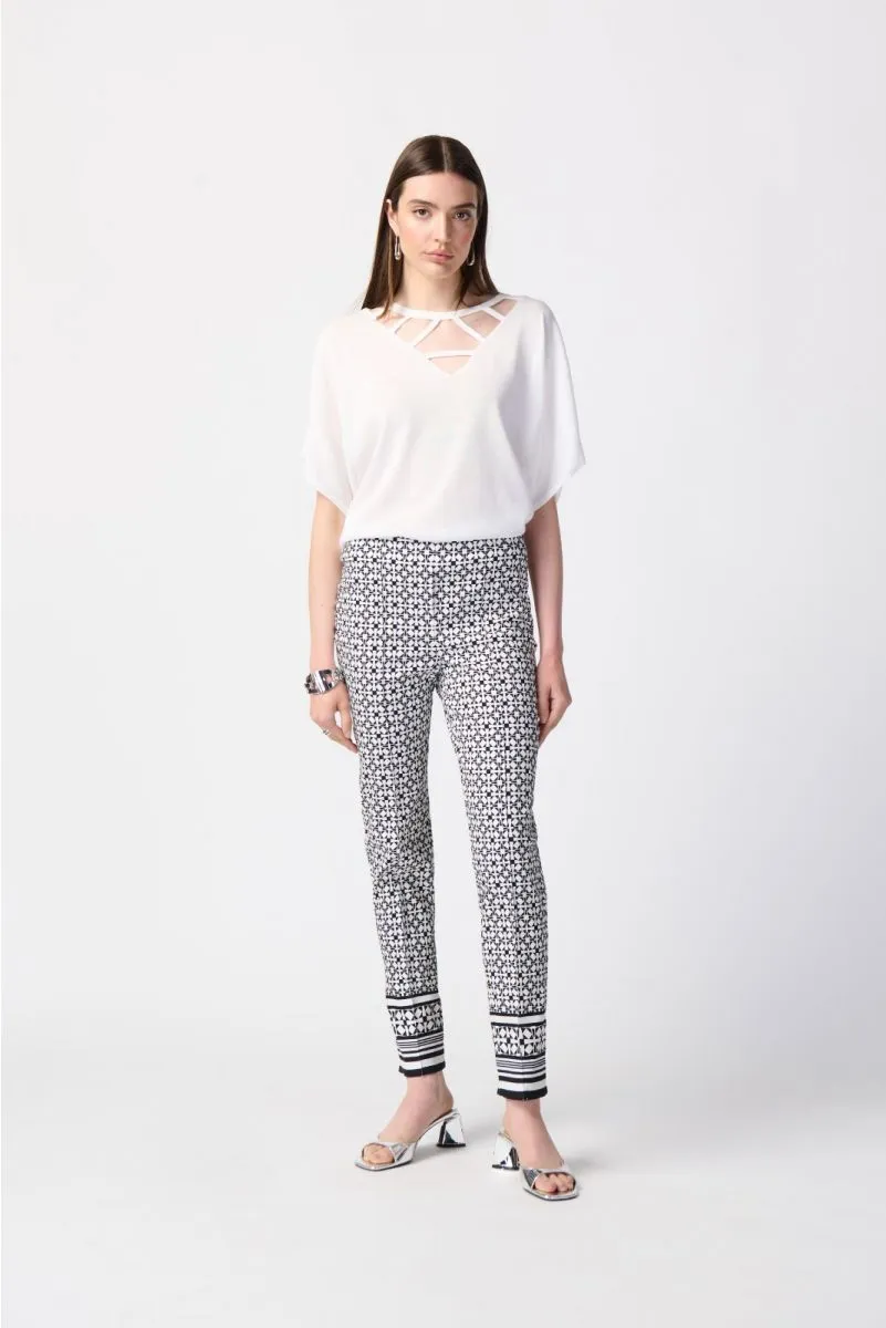 Joseph Ribkoff Vanilla/Black Geometric Print Pin Tuck Pull On Ankle Pants 241186