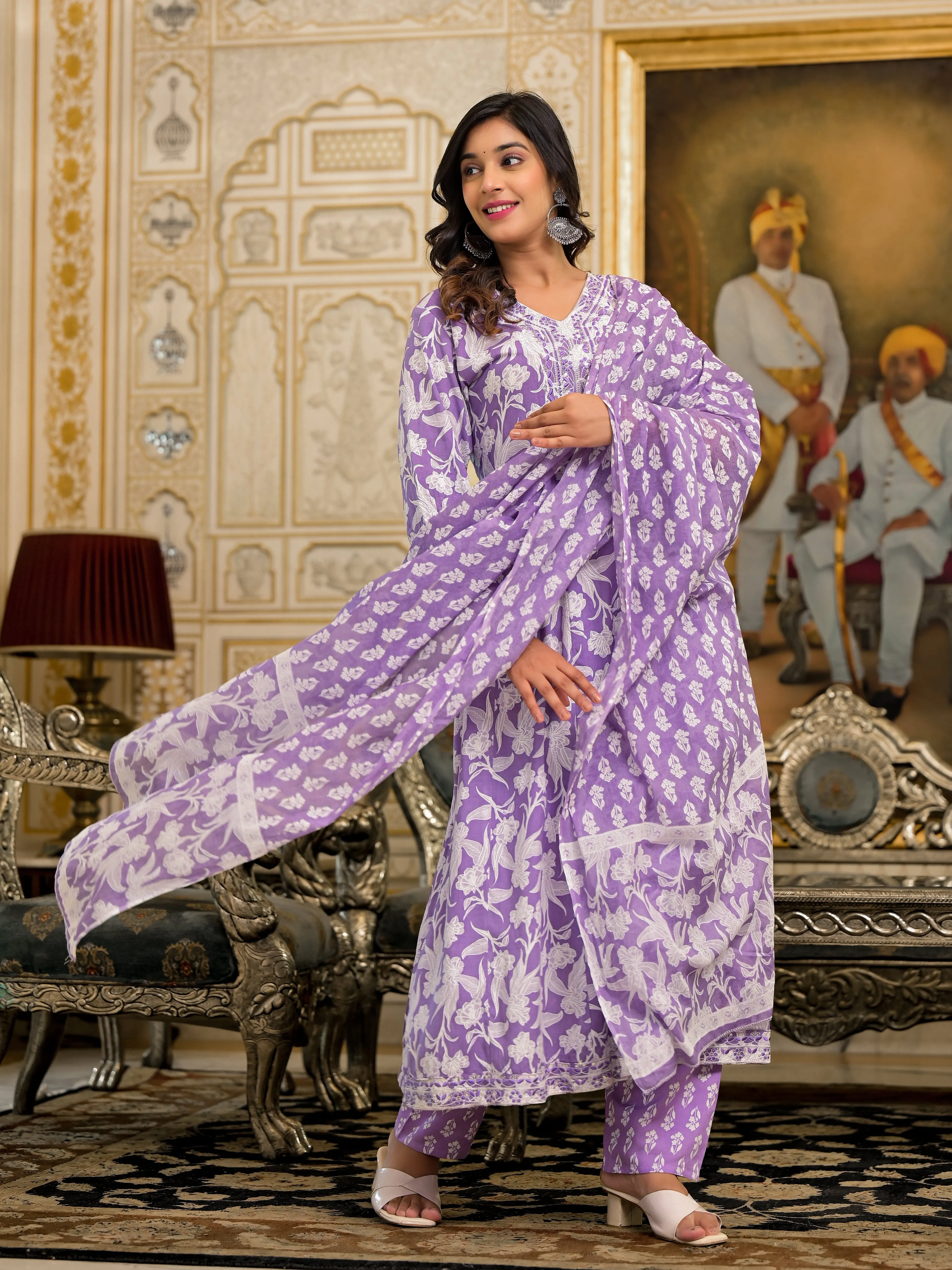 Juniper Lavender Floral Printed Rayon Kurta, Pant And Dupatta Set With Thread & Sequins Work