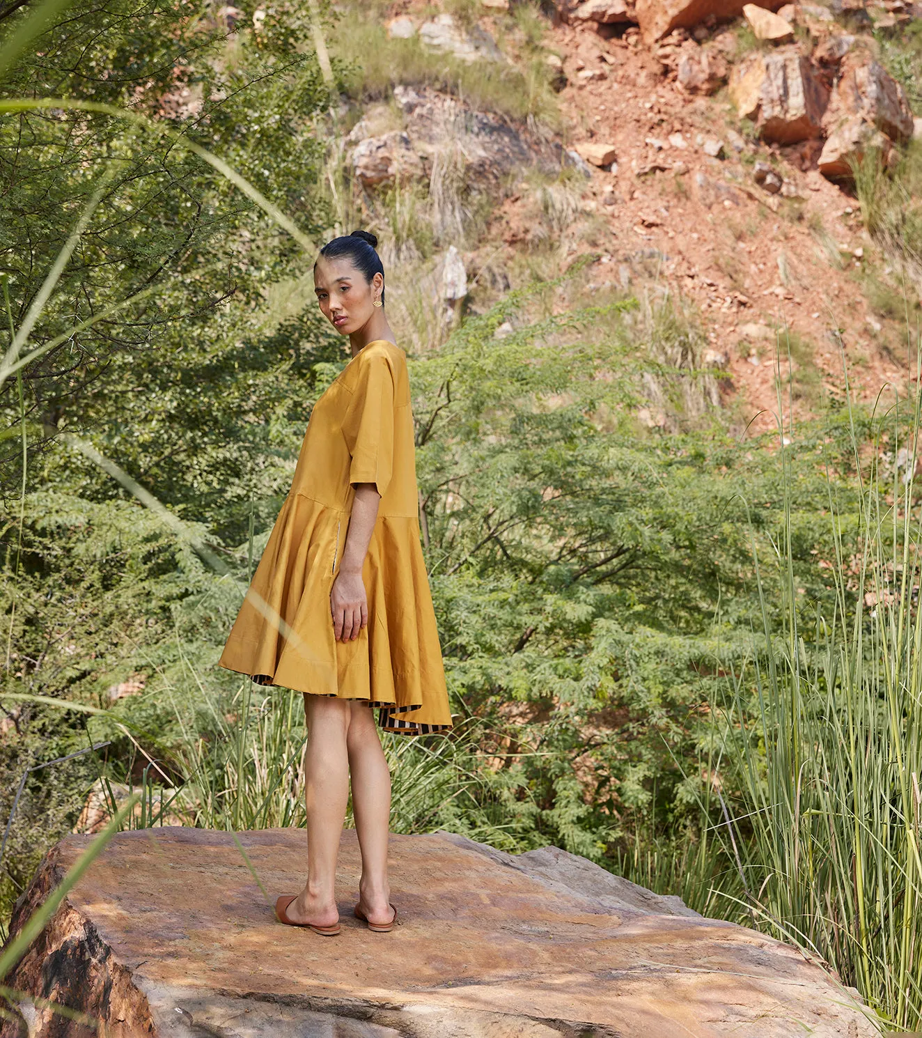 Khara Kapas Hidden Love Dress Twill Weave Cotton  Mustard Yellow KW687