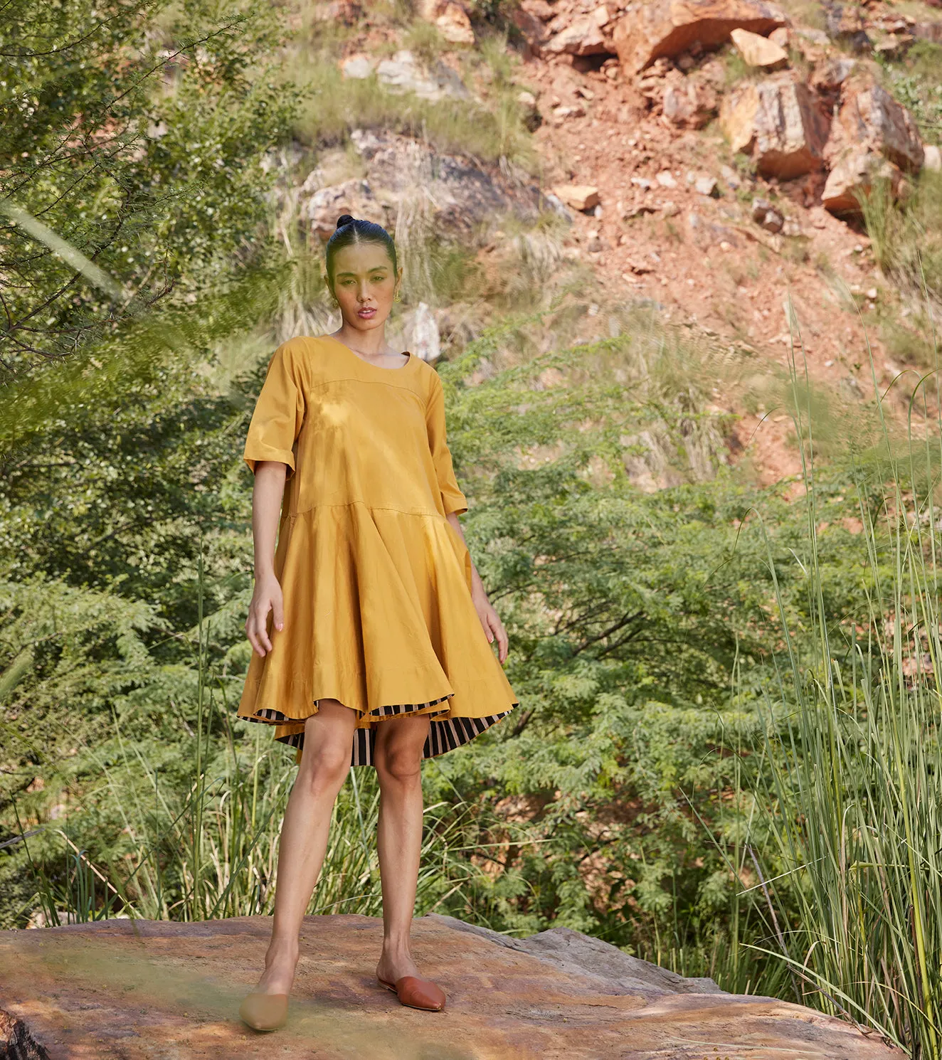 Khara Kapas Hidden Love Dress Twill Weave Cotton  Mustard Yellow KW687
