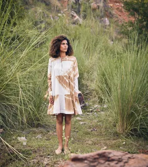Khara Kapas Sandy Strings Dress 100% Cotton  White and Khaki Brown KW688