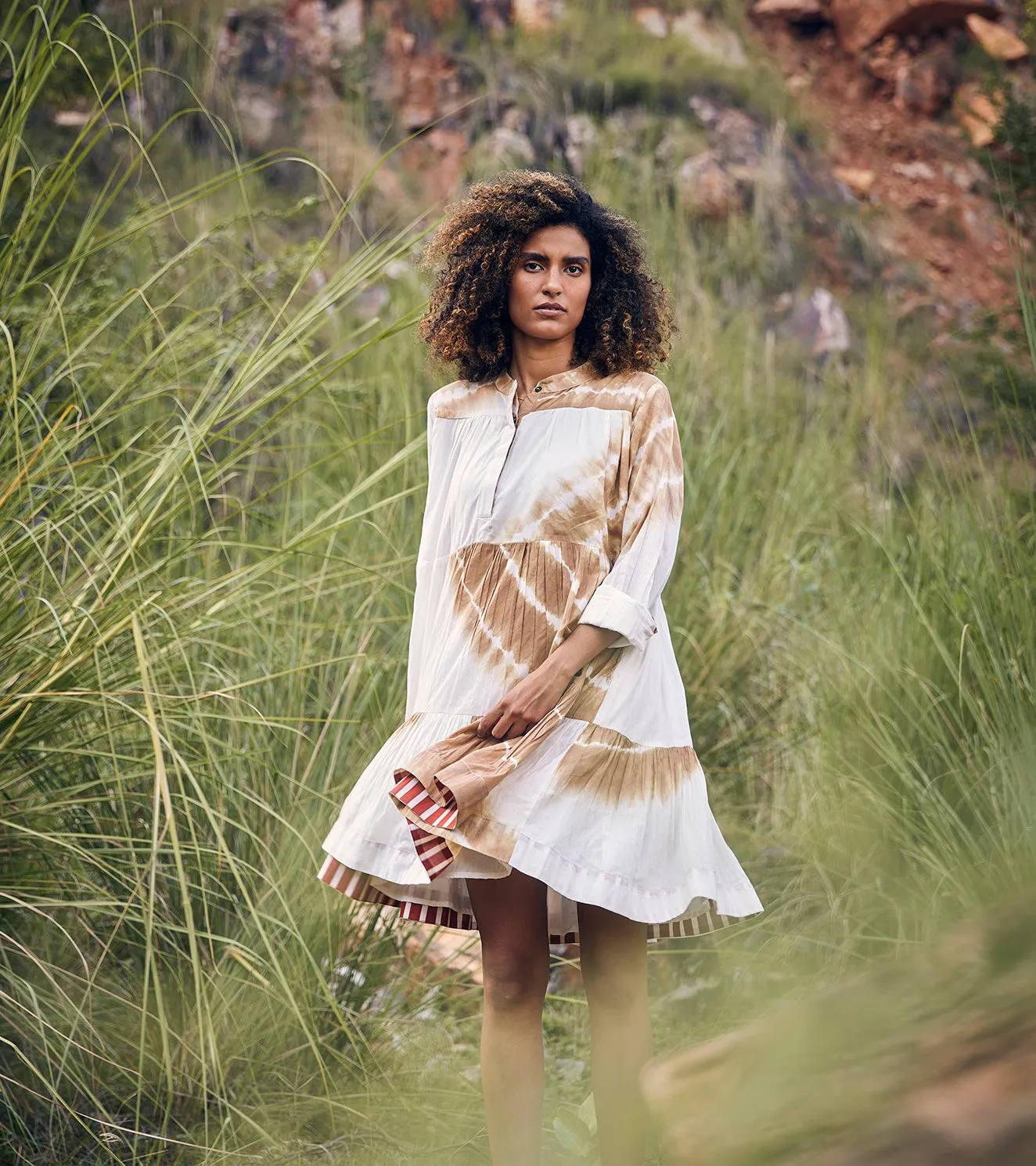 Khara Kapas Sandy Strings Dress 100% Cotton  White and Khaki Brown KW688