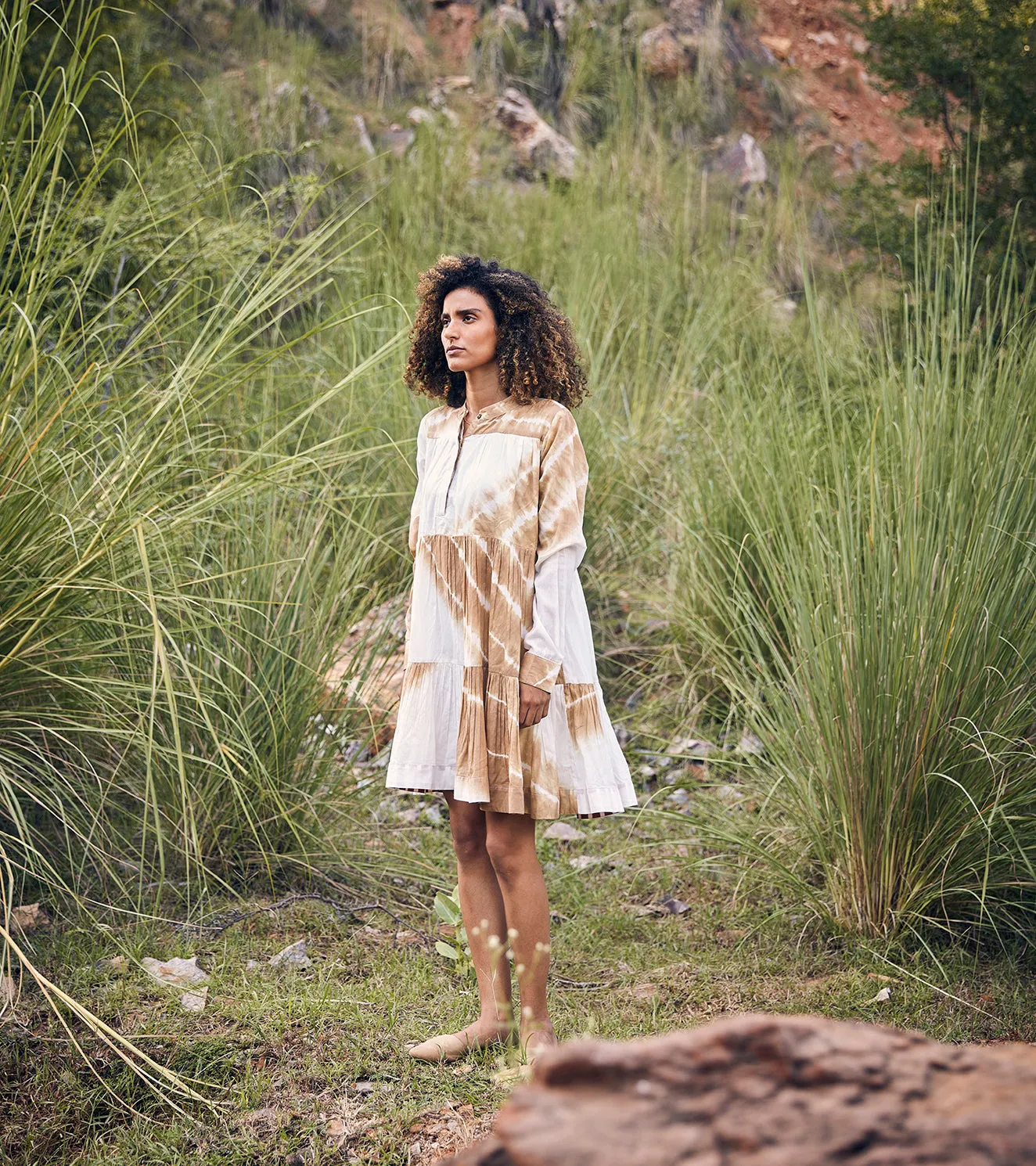 Khara Kapas Sandy Strings Dress 100% Cotton  White and Khaki Brown KW688