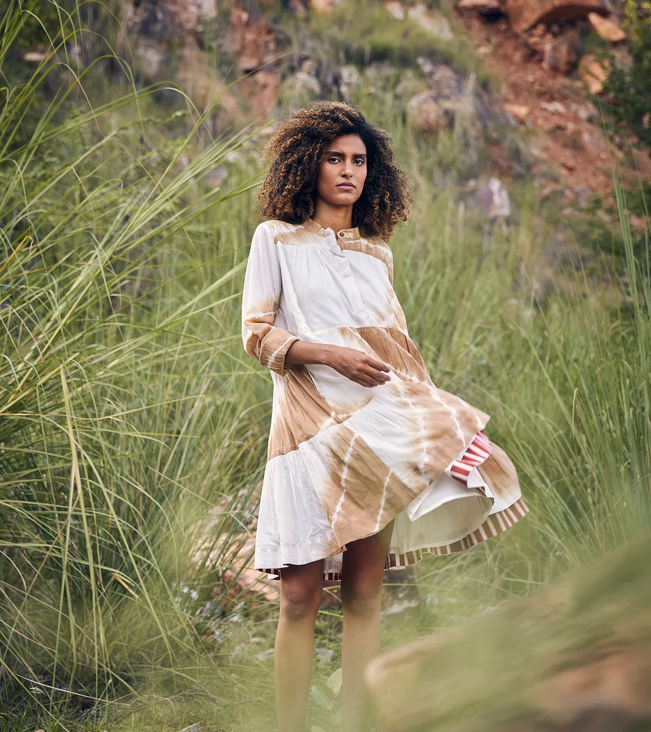 Khara Kapas Sandy Strings Dress 100% Cotton  White and Khaki Brown KW688