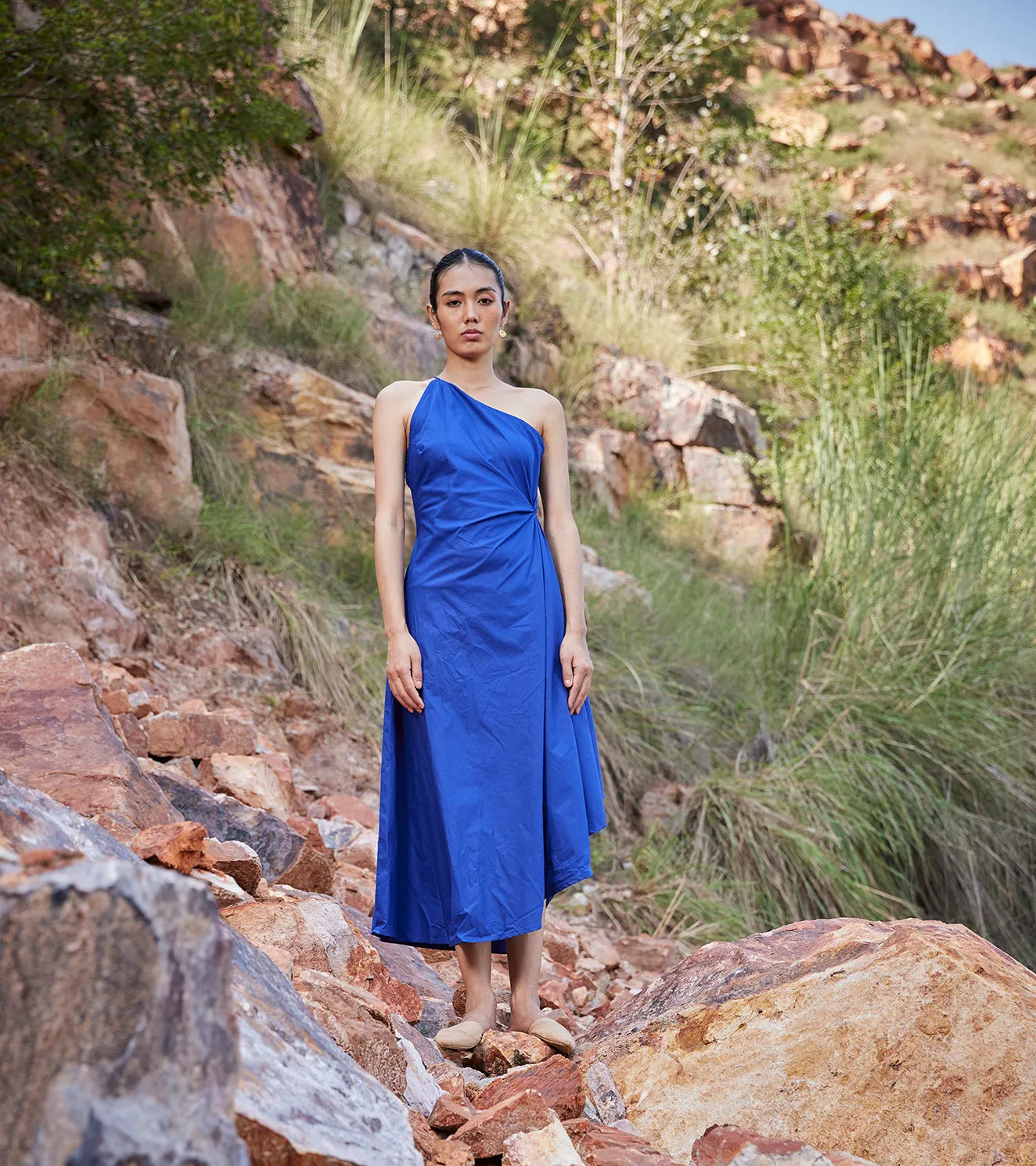 Khara Kapas Where Tangents Meet Dress Cotton Poplin  Blue KW655