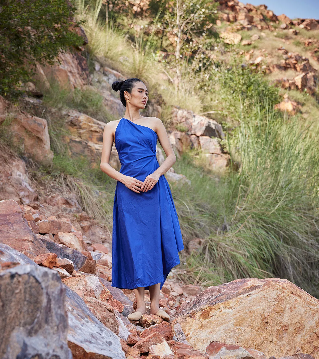 Khara Kapas Where Tangents Meet Dress Cotton Poplin  Blue KW655
