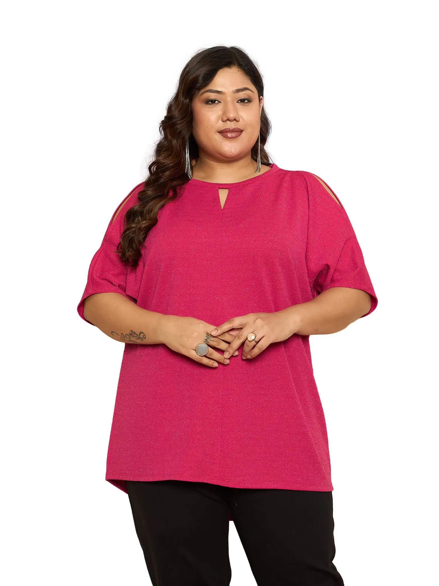LB-Sally Cold Shoulder Dolman Sleeve Top-Hot Pink