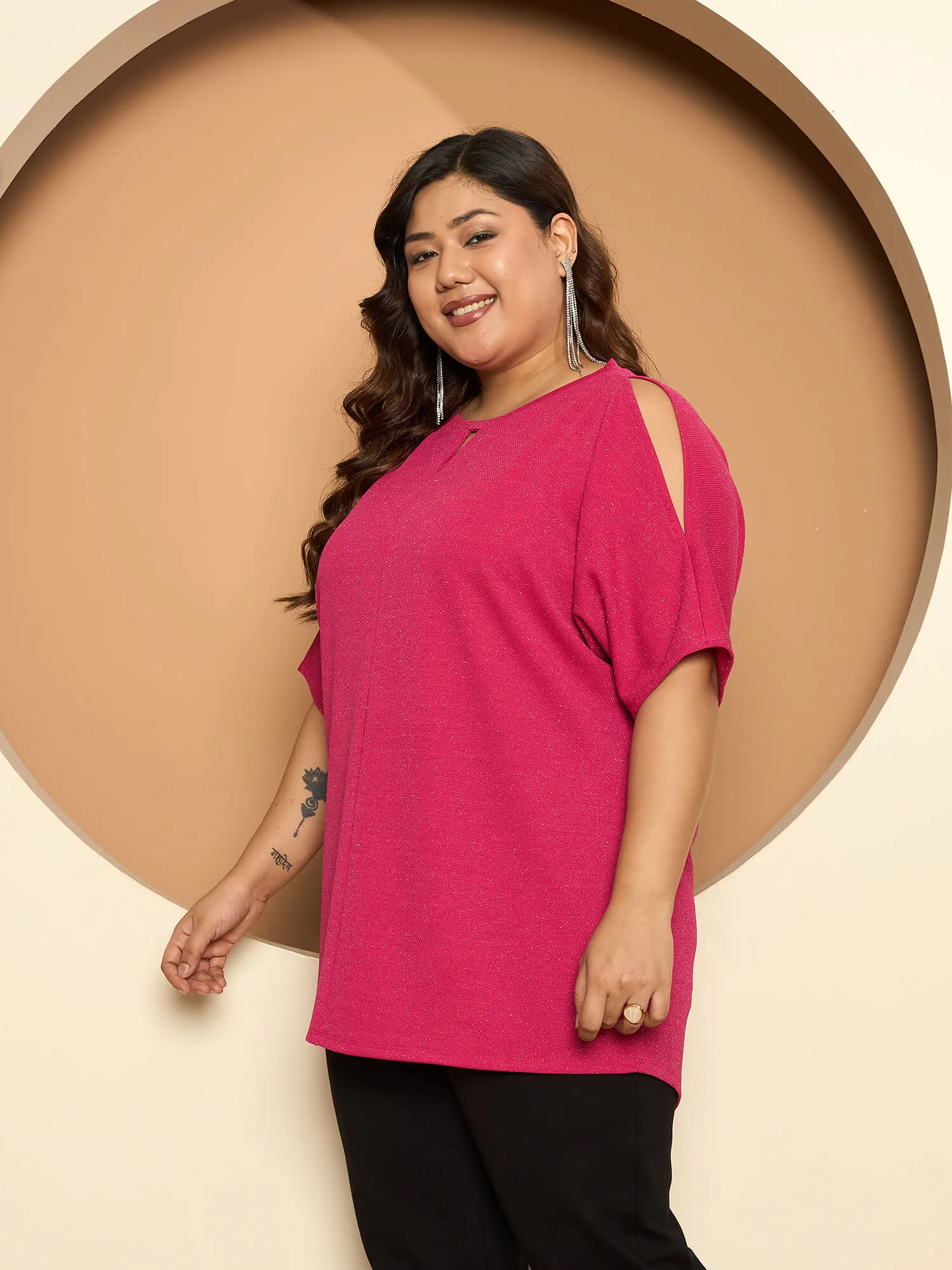 LB-Sally Cold Shoulder Dolman Sleeve Top-Hot Pink