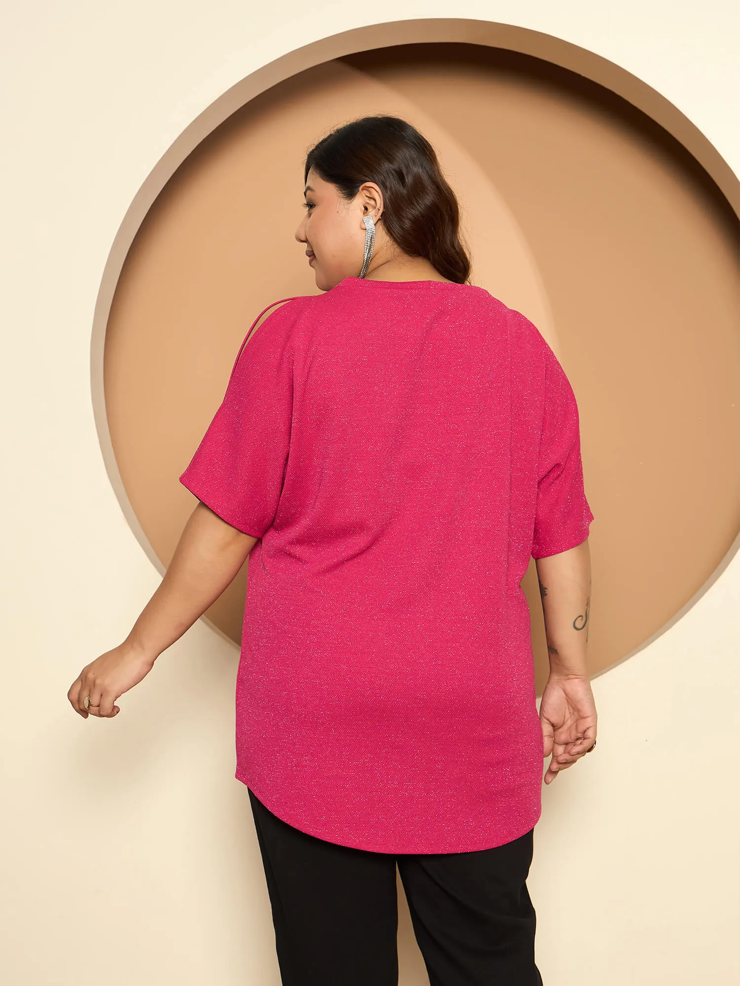 LB-Sally Cold Shoulder Dolman Sleeve Top-Hot Pink