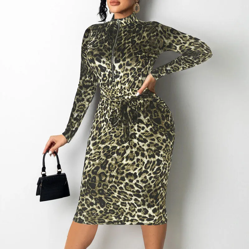 Leopard Print Long Sleeve Zipper Design Belted Bodycon Dress