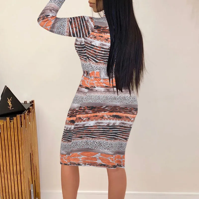 Leopard Print Long Sleeve Zipper Design Belted Bodycon Dress