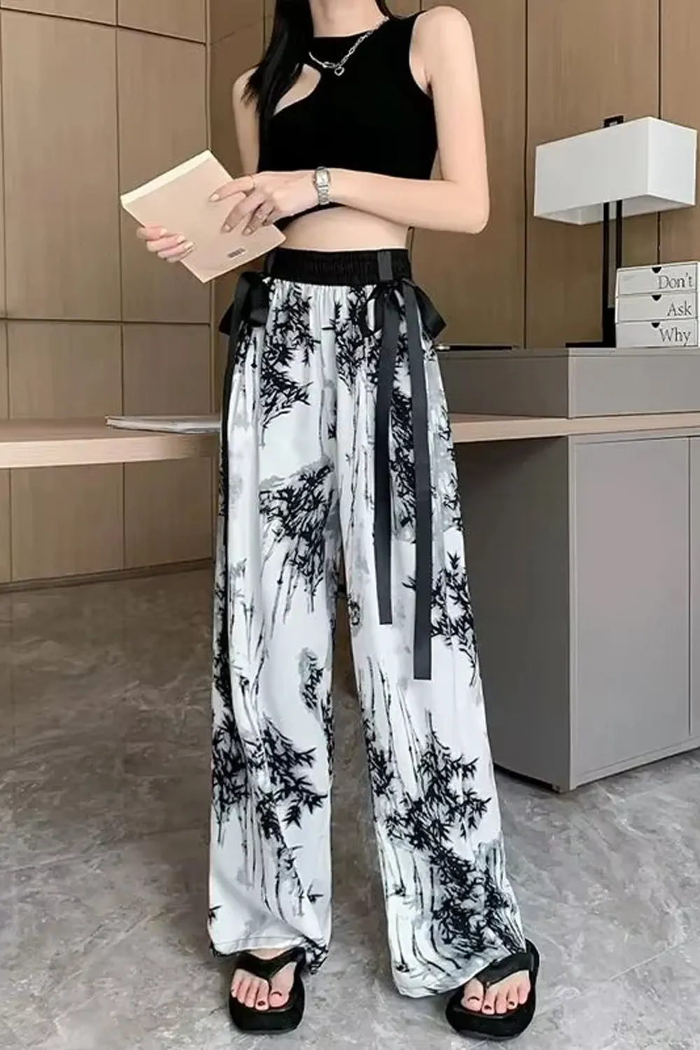 Long Black Flowers Mesh Chiffon Pants