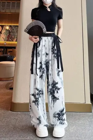 Long Black Flowers Mesh Chiffon Pants