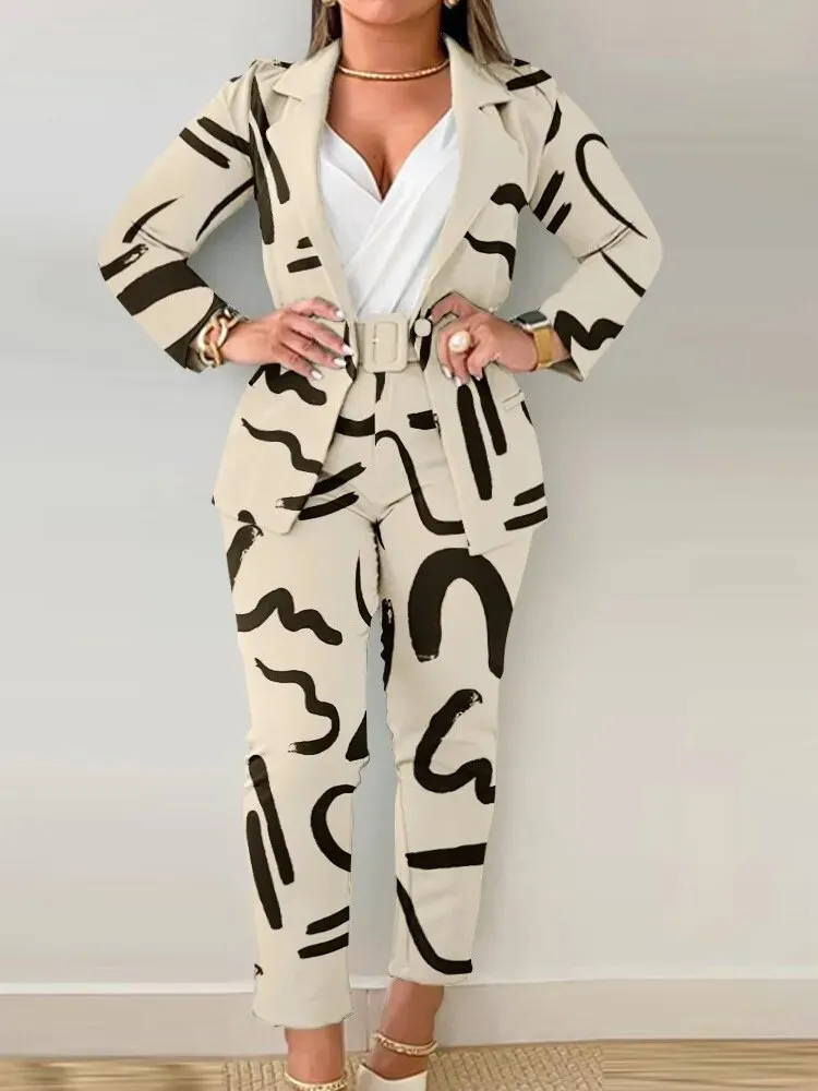 Long Sleeve Sets Outfits Buttoned Blazer Coat Print Belted Pants Fashion 2 Pieces for Women Elegant