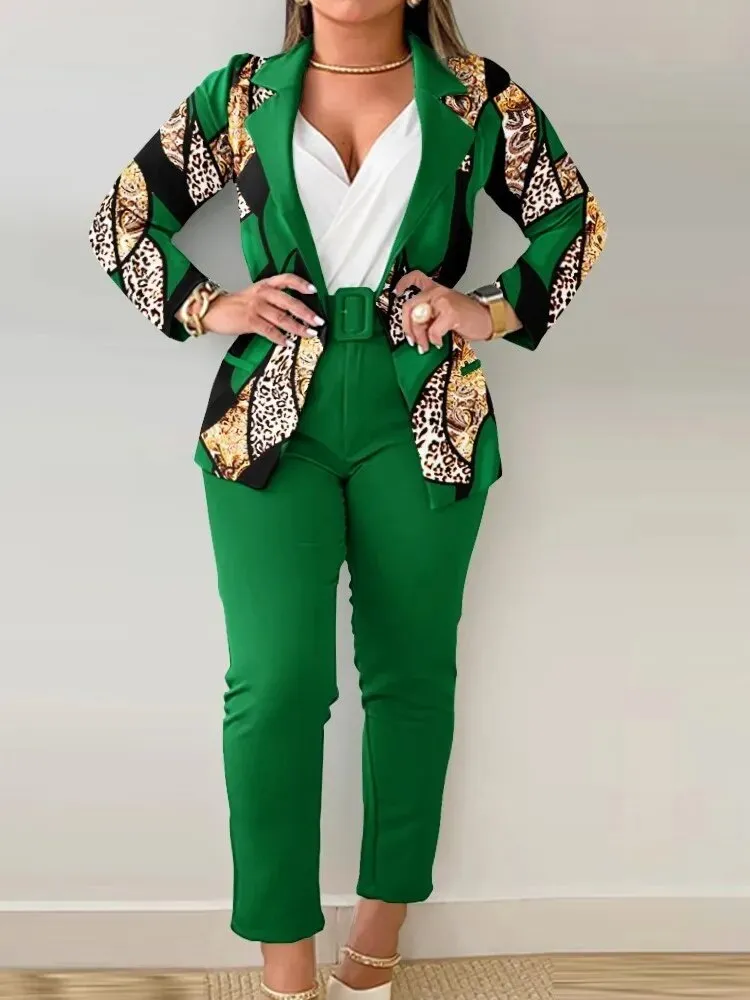 Long Sleeve Sets Outfits Buttoned Blazer Coat Print Belted Pants Fashion 2 Pieces for Women Elegant