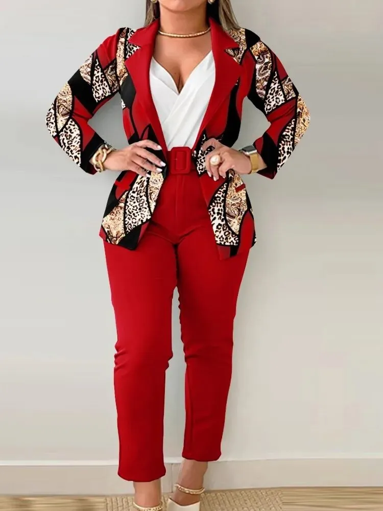 Long Sleeve Sets Outfits Buttoned Blazer Coat Print Belted Pants Fashion 2 Pieces for Women Elegant