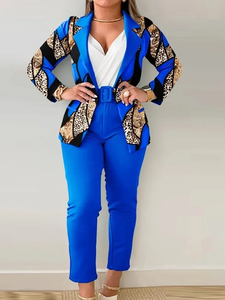Long Sleeve Sets Outfits Buttoned Blazer Coat Print Belted Pants Fashion 2 Pieces for Women Elegant