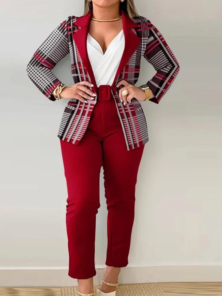 Long Sleeve Sets Outfits Buttoned Blazer Coat Print Belted Pants Fashion 2 Pieces for Women Elegant