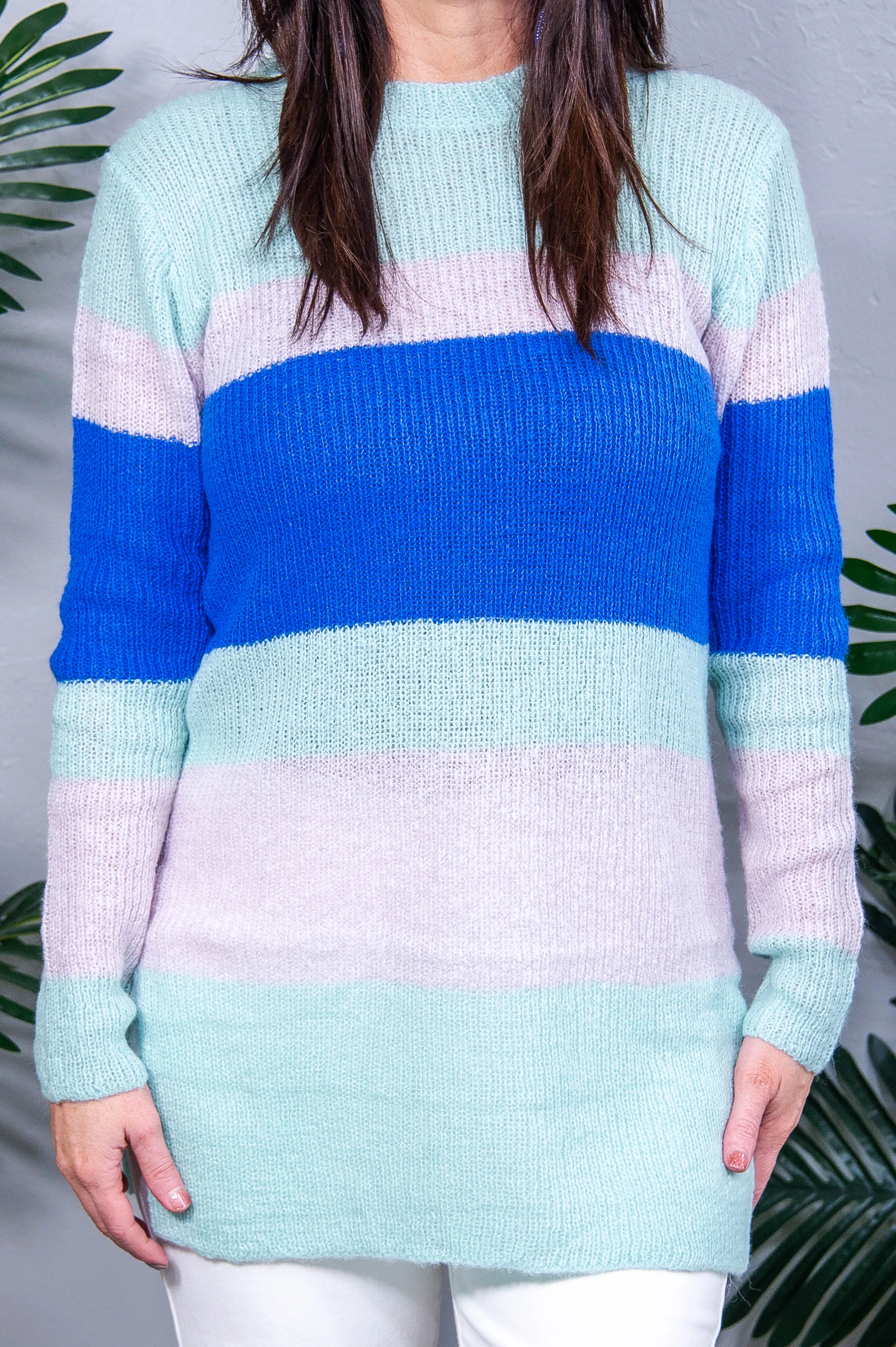 Love Found Mohair Mint/Blue Stripe Rib Knit Tunic Sweater