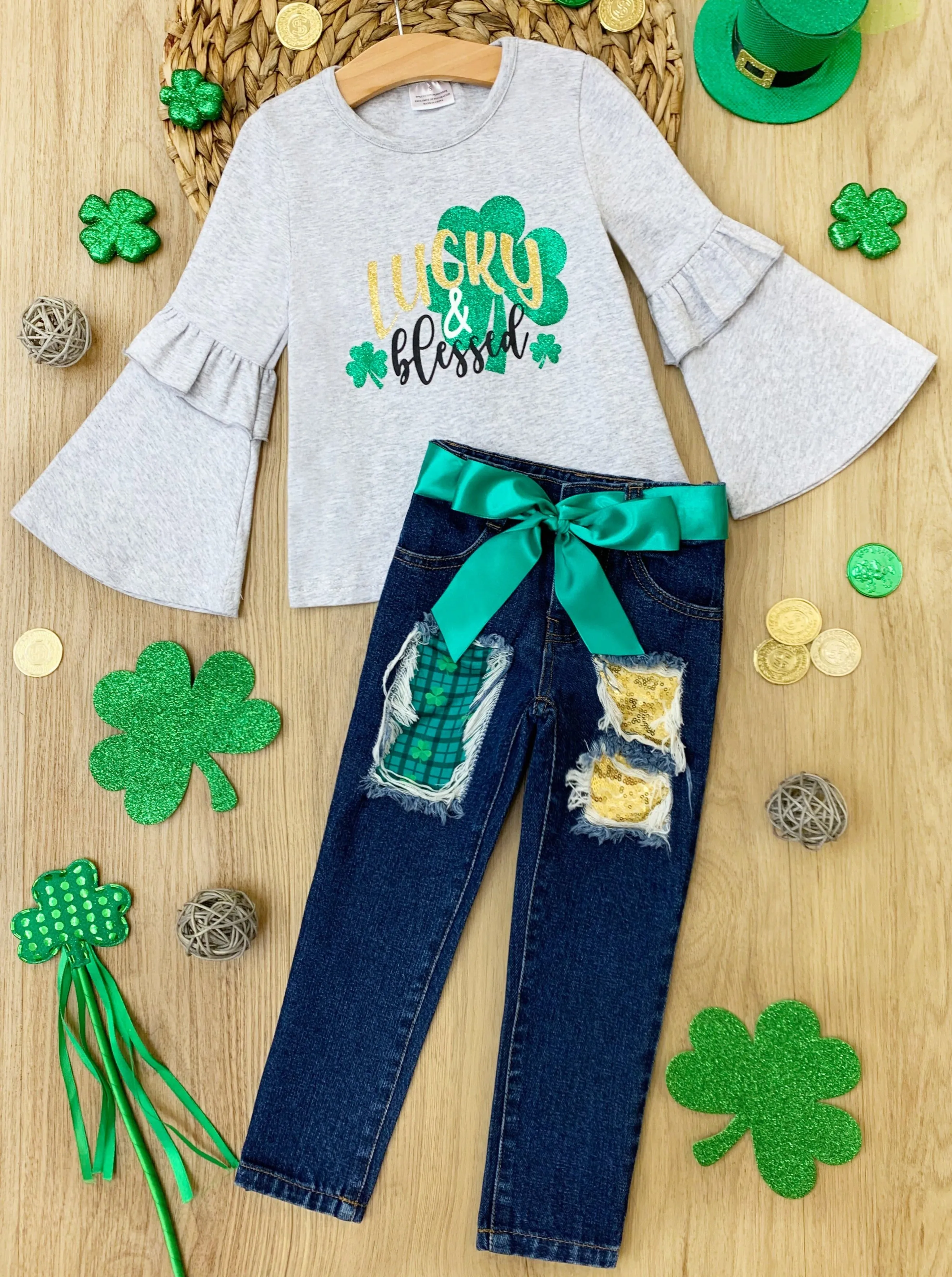 Lucky and Blessed Patched Jeans Set