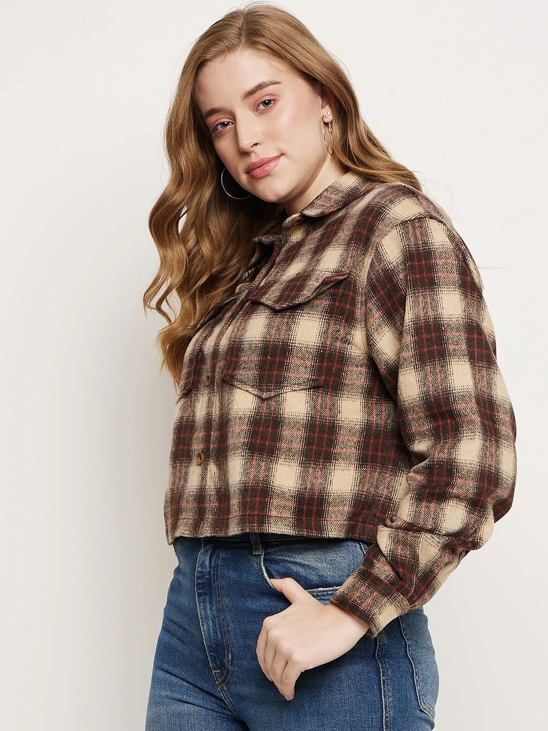 Madame Brown Plaid Crop Shacket