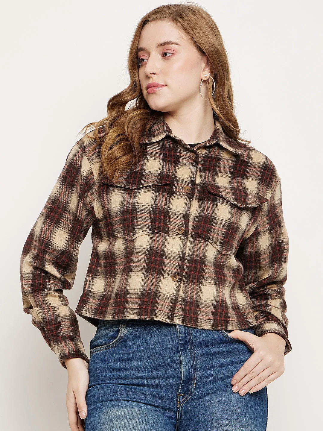 Madame Brown Plaid Crop Shacket