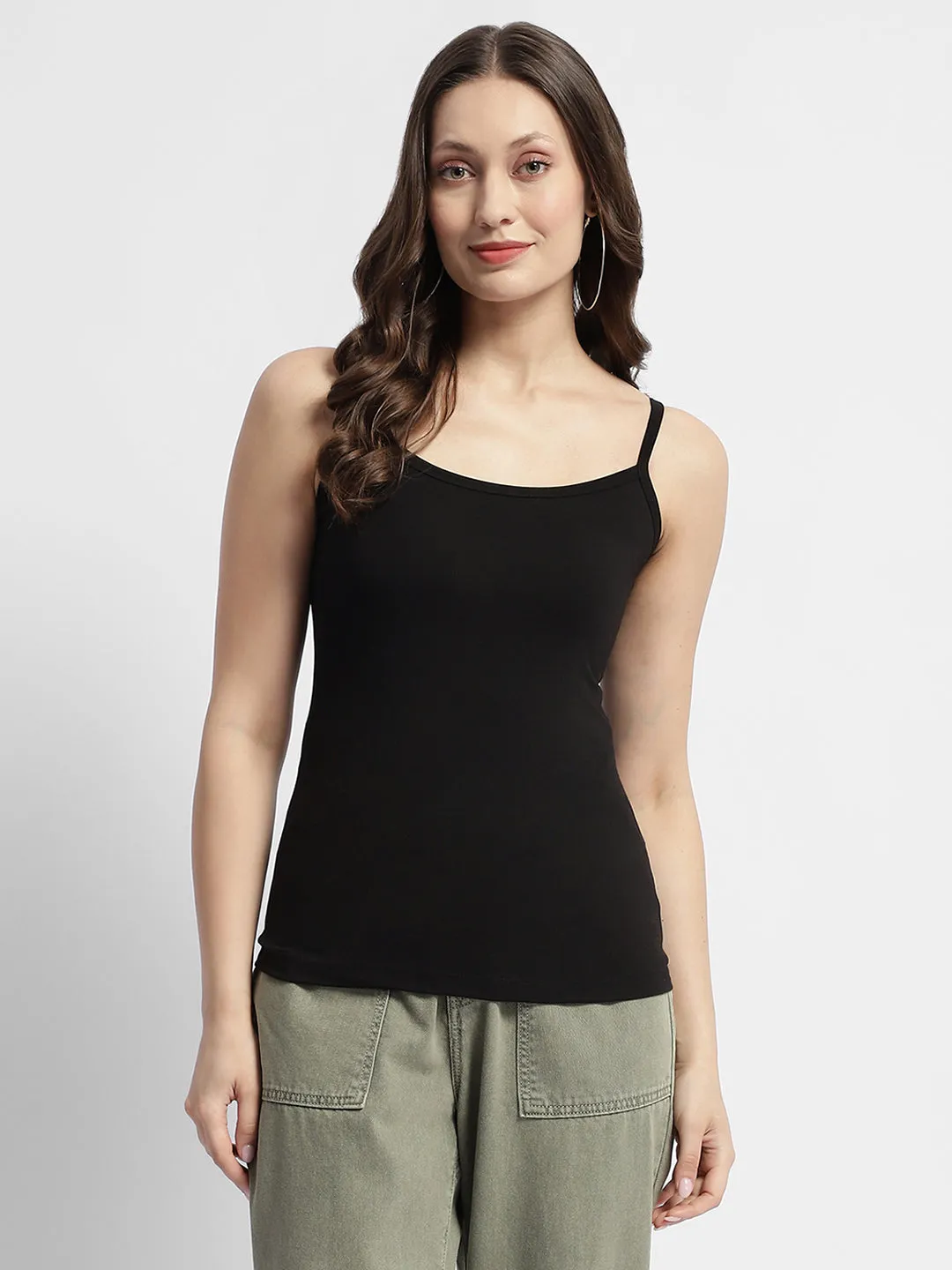 Madame Solid Cotton Blend Black Spaghetti